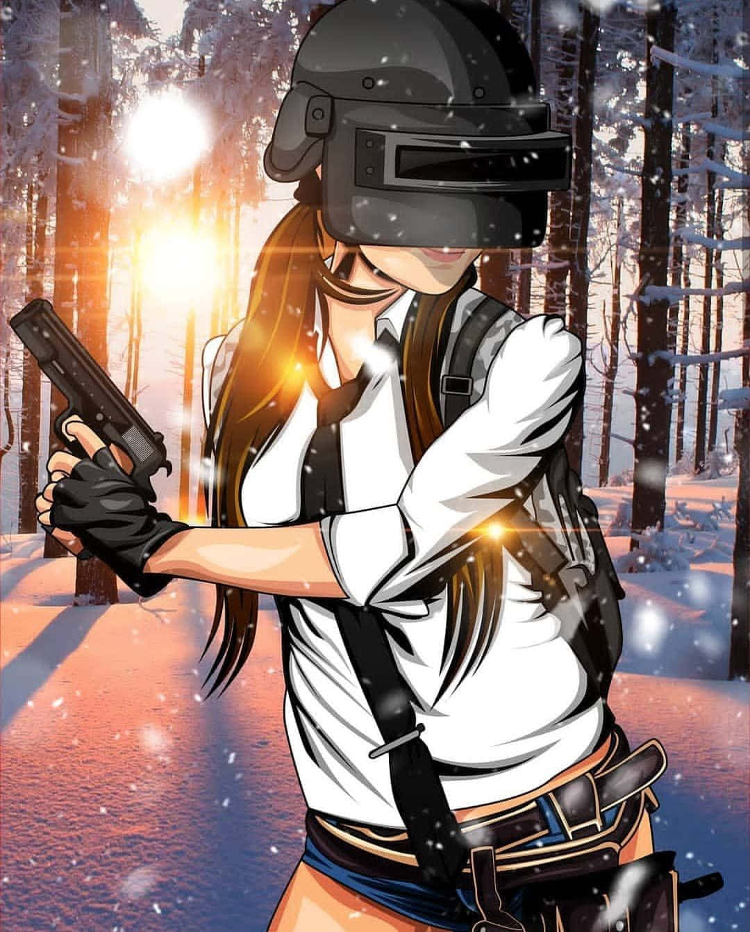 pubg mobile 桌布 壁紙 — 一位戴著頭盔和手套的女性玩家在日落時分的雪地森林中手持手槍，伴隨著發光的粒子。