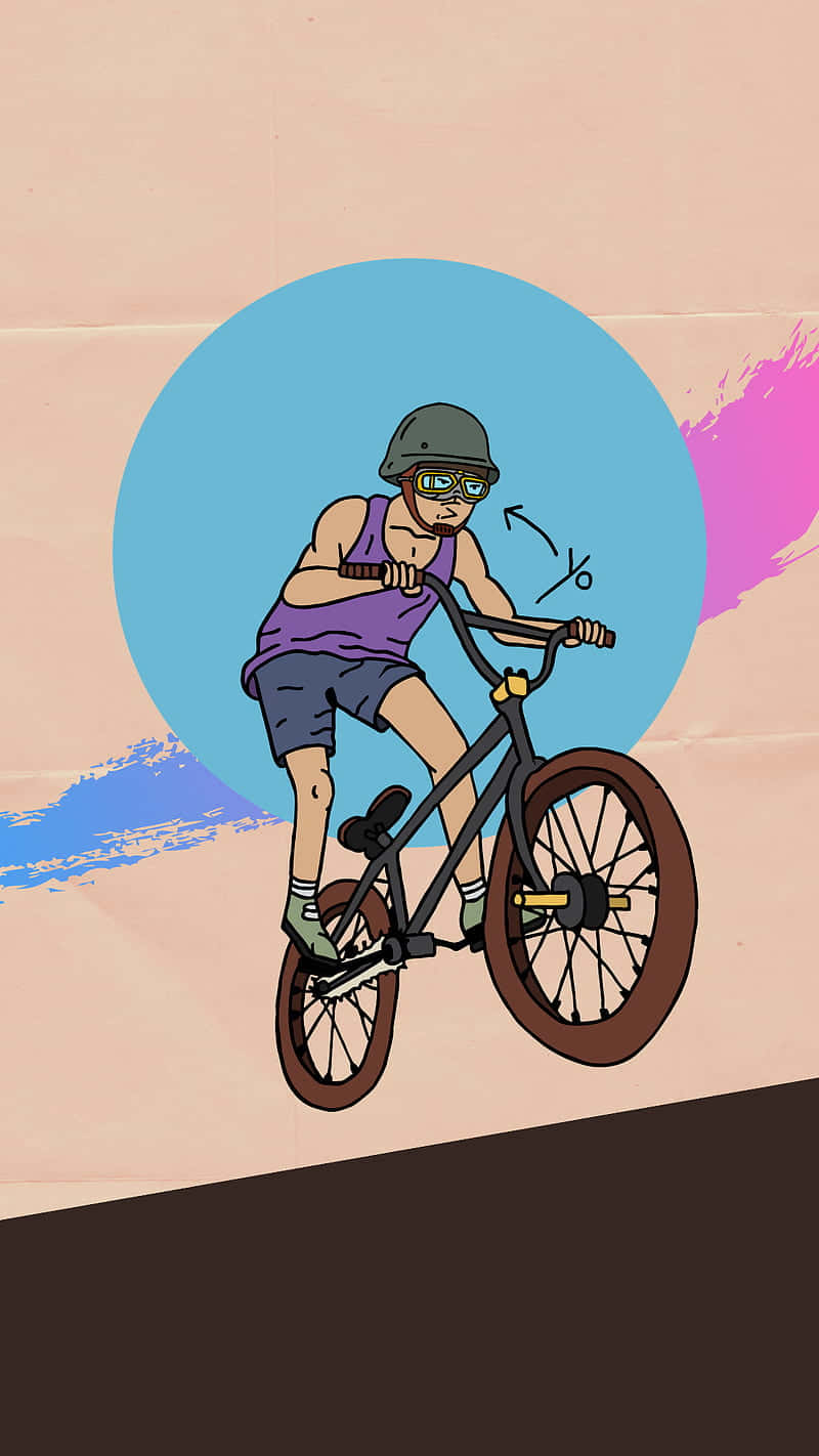 bmx 桌布 壁紙 — 一位戴著頭盔和護目鏡的時尚自行車手，在醒目的藍色圓圈和粉紅色潑濺背景下騎著BMX自行車。