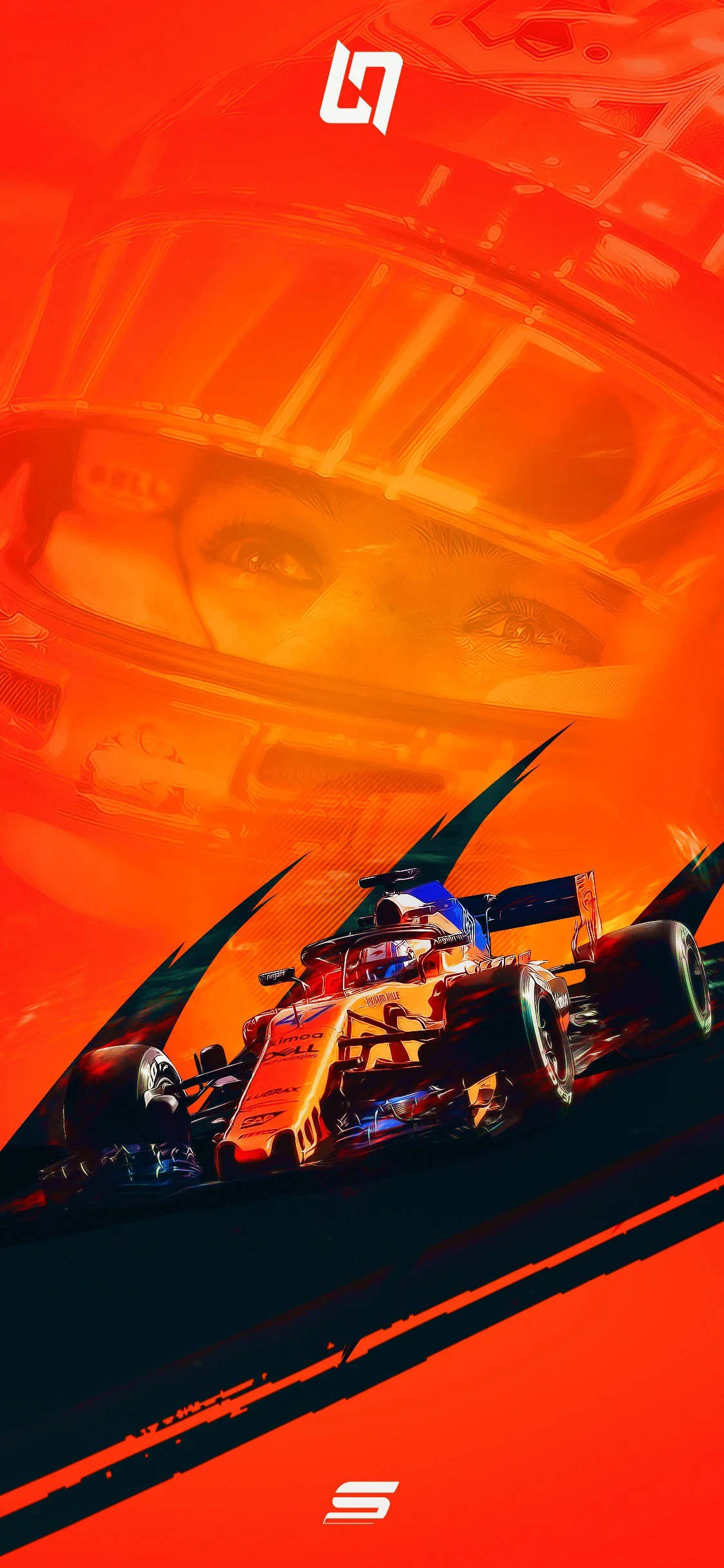Racing 桌布 壁紙 — 一位戴著頭盔的F1車手凝視著，他們的賽車在火熱的橙色隧道中疾馳。