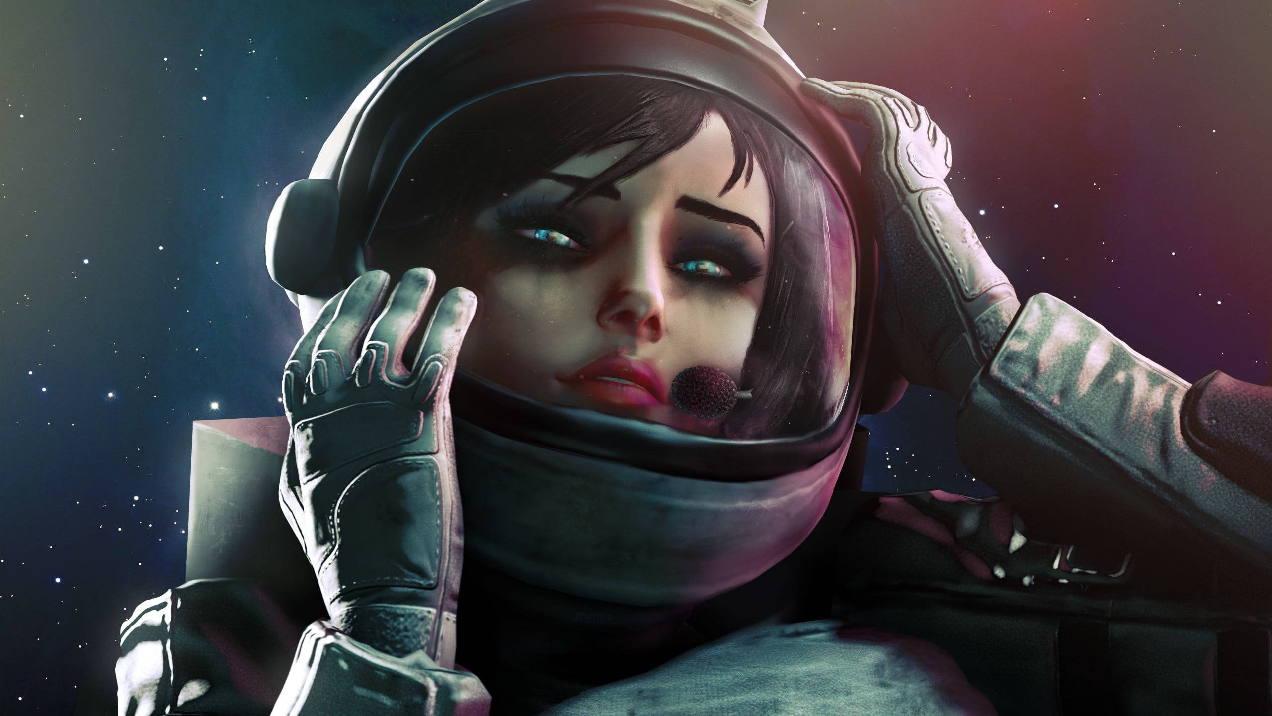 生化奇兵：無限之城 桌布 壁紙 — 一位戴著頭盔的女太空人在星空宇宙背景下，以柔和的紫色和藍色色調沉思地凝視。