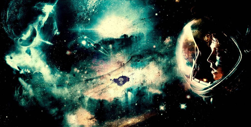 太空中的太空人 桌布 壁紙 — 一位戴著頭盔的孤獨太空人凝視著一個充滿恆星和宇宙塵埃的漩渦狀青綠色和黑色星雲。