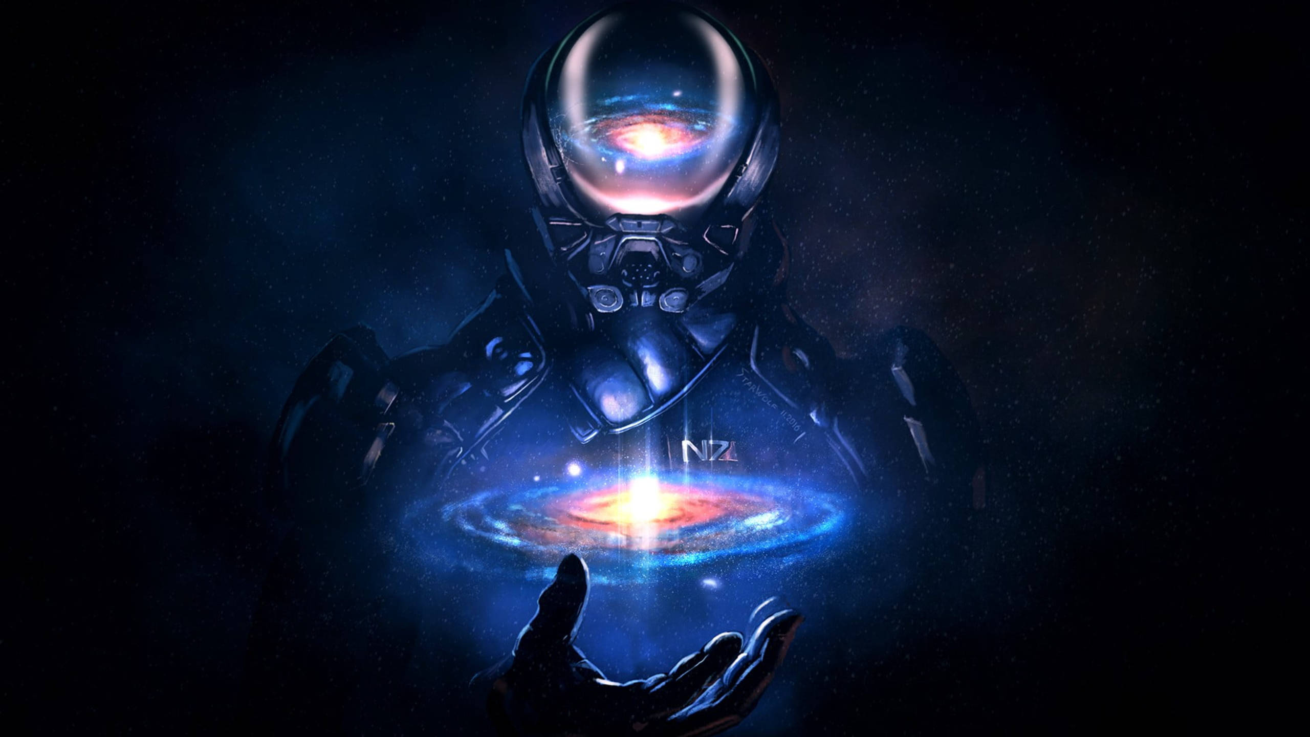 質量效應 桌布 壁紙 — 一位戴著頭盔的未來太空人，在繁星點點的宇宙背景下，雙手捧著一個發光的星系。