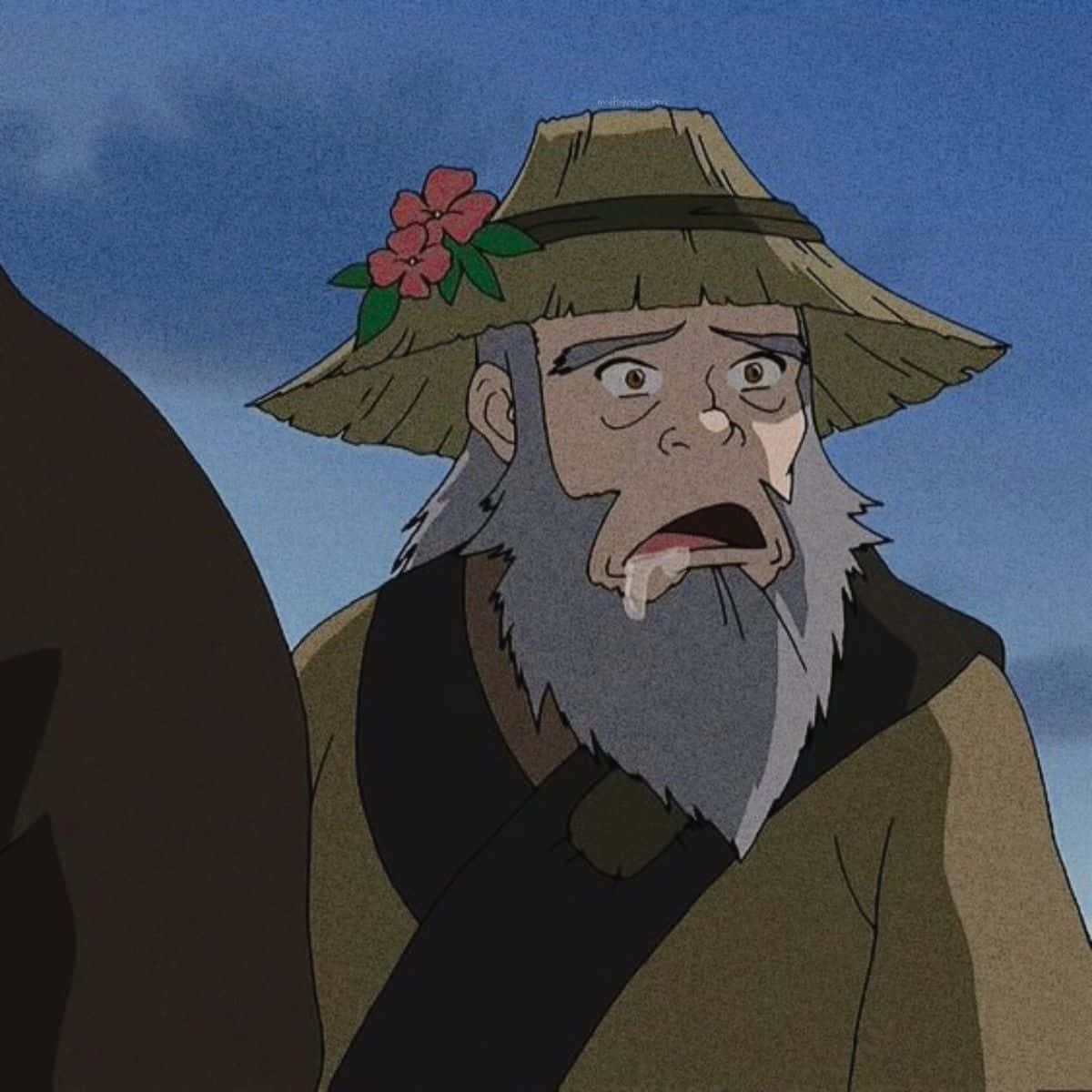 Uncle Iroh 桌布 壁紙 — 一位戴著飾有粉紅色花朵的草帽的年長動畫男子，在藍天下震驚地凝視。