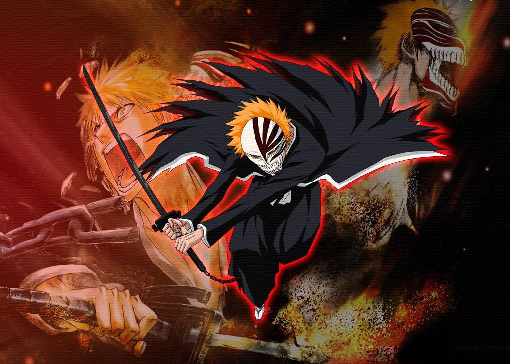 Bleach Ichigo 桌布 壁紙 — 一位戴著骷髏面具和黑色斗篷的動態動漫戰士，在熾熱的爆炸和發光的紅色能量中揮劍向前猛砍。
