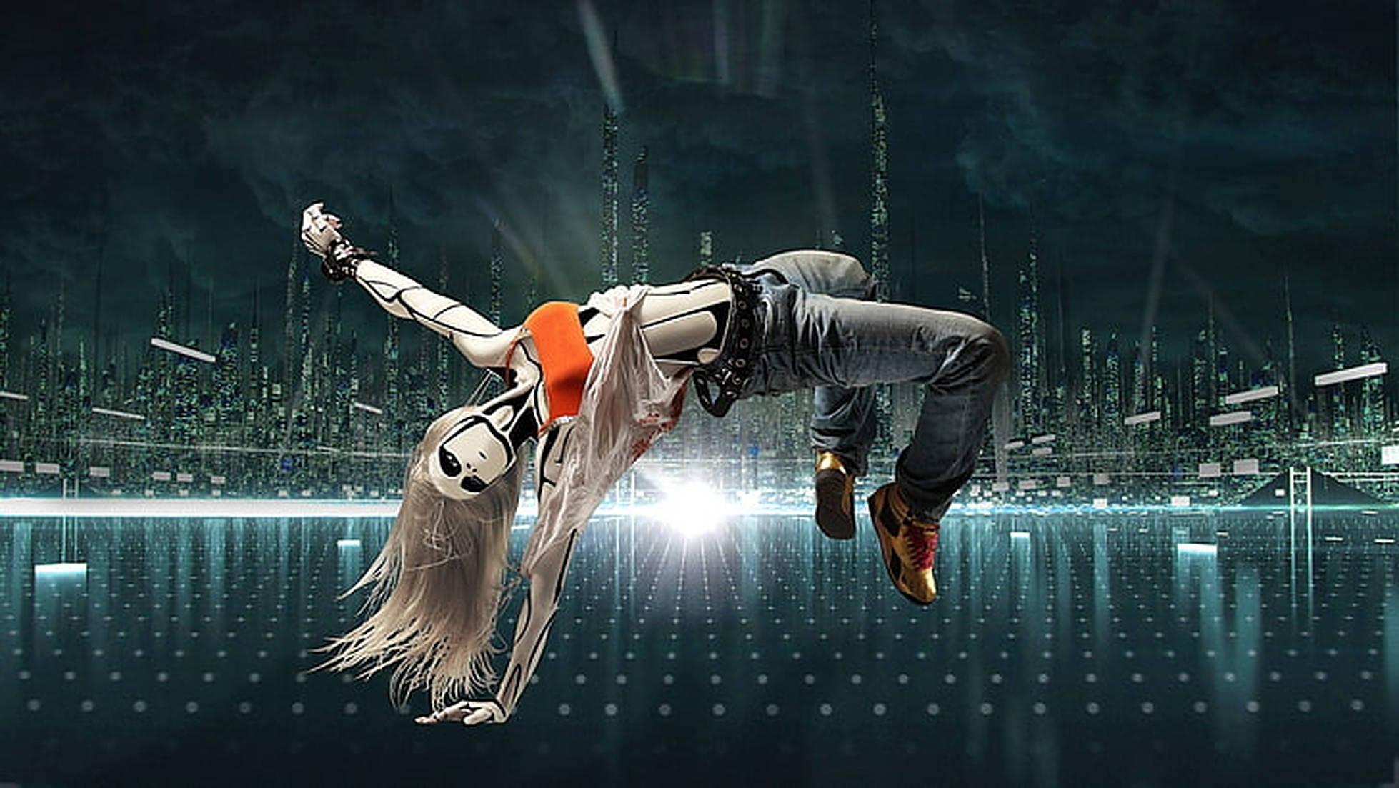 anime dance 桌布 壁紙 — 一位戴著骷髏面具的未來派舞者在夜晚發光的數位城市景觀上動態跳躍。