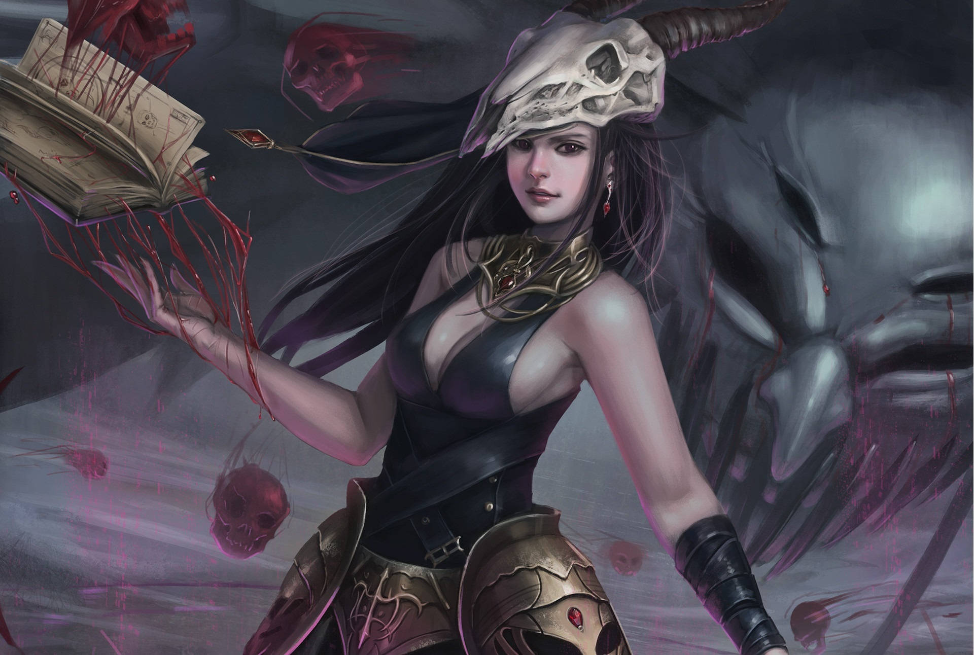 Witchy 桌布 壁紙 — 一位戴著骷髏頭盔、手持沾血書本的黑暗奇幻女性，站在一個逼近的惡魔面孔前。