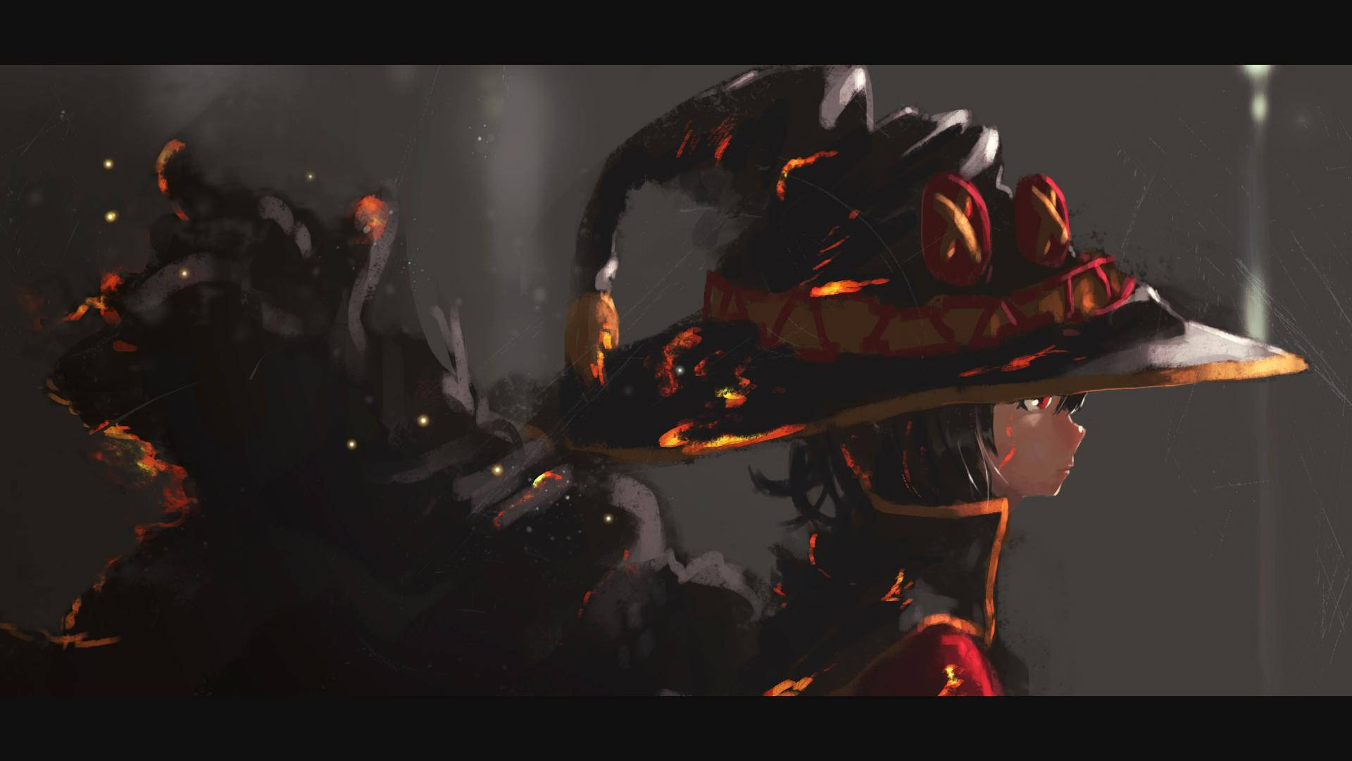 高清 桌布 壁紙 — 一位戴著高帽、擁有發光紅眼和火焰元素的女巫，站在陰暗的黑暗中，周圍漂浮著餘燼。