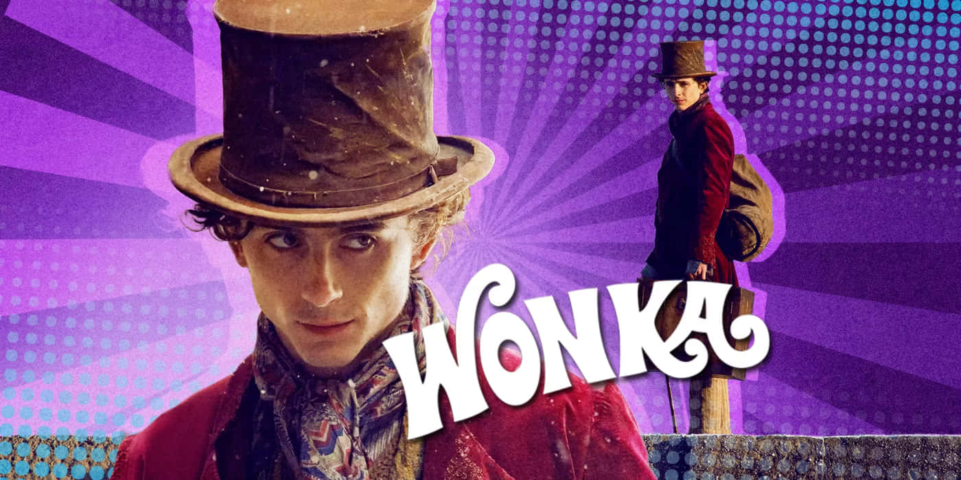 Willy Wonka 桌布 壁紙 — 一位戴著高帽、身穿紅色外套的年輕男子，站在充滿活力的紫色放射狀背景前，背景上有粗體白色字樣的「Wonka」字樣。