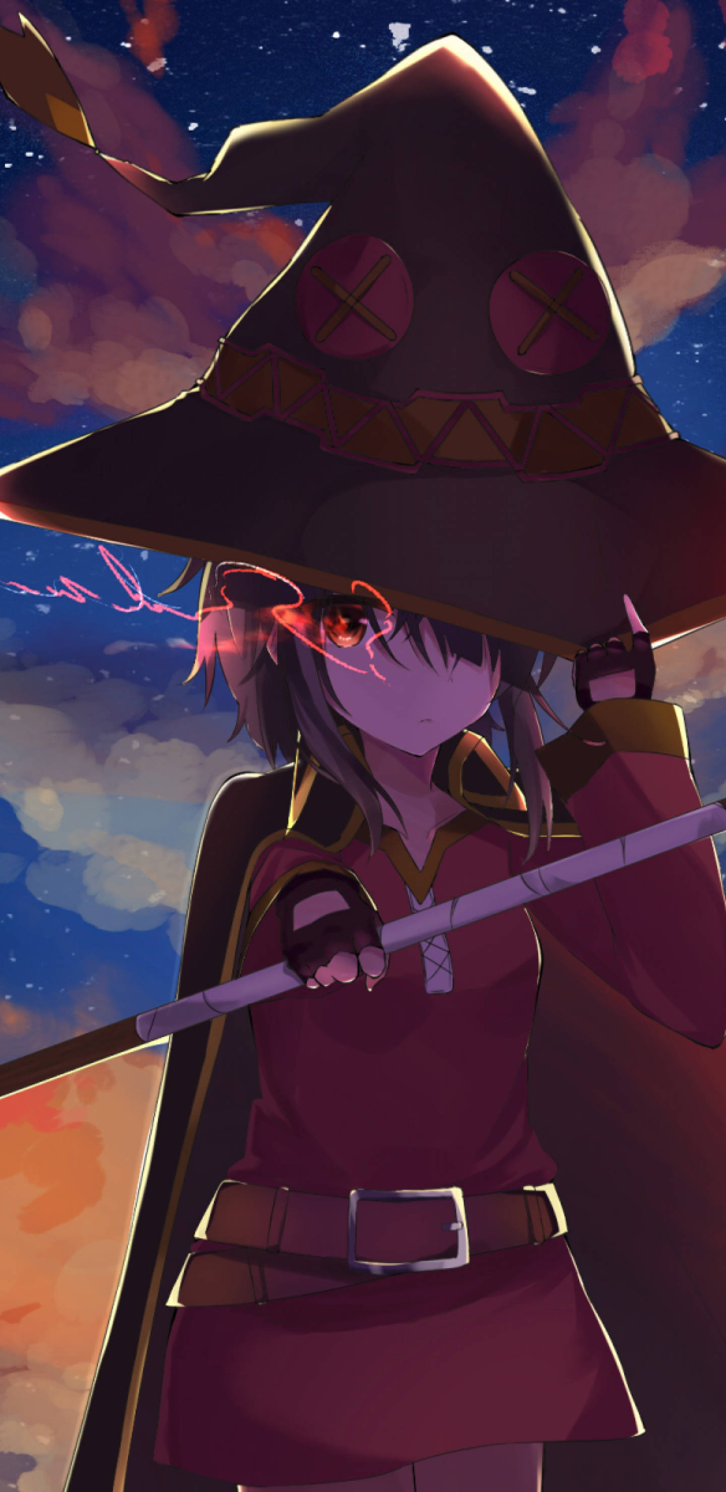 Megumin 桌布 壁紙 — 一位戴著高帽子的年輕女巫，在暮色天空下手持法杖，天空中有發光的雲朵和星星。