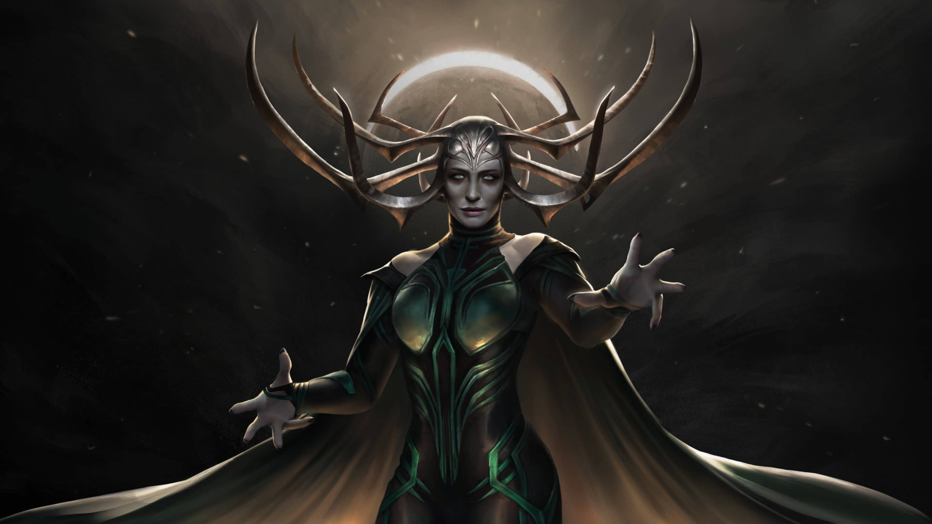 Hela 桌布 壁紙 — 一位戴著鹿角王冠、身穿發光綠色盔甲的黑暗奇幻女王，站在星夜中的新月前。