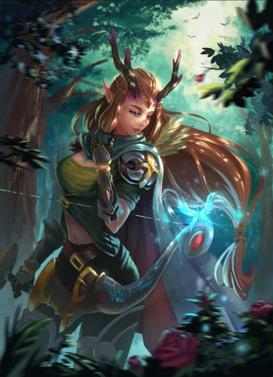 Windranger 桌布 壁紙 — 一位戴著鹿角頭飾的奇幻精靈弓箭手，在沐浴於空靈光芒的神秘森林中拉開發光的弓。