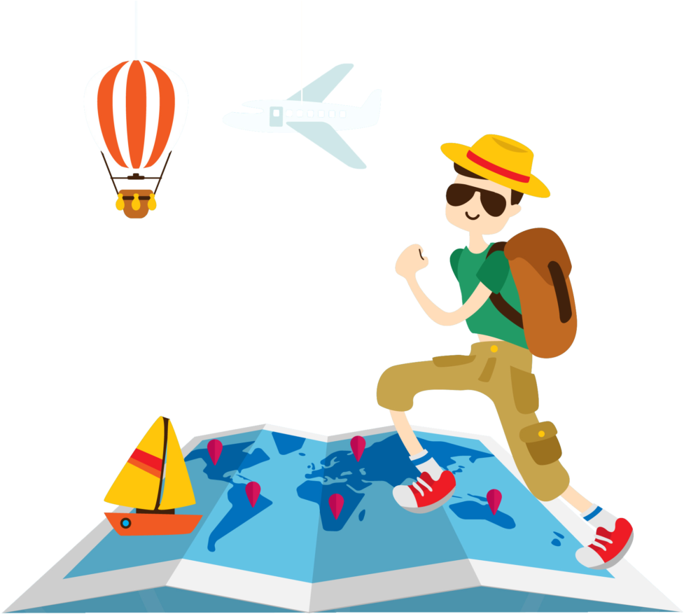 旅行 桌布 壁紙 — 一位戴著黃色帽子、背著背包的快樂旅行者，愉快地踏在一個被熱氣球、飛機和帆船包圍的世界地圖上。