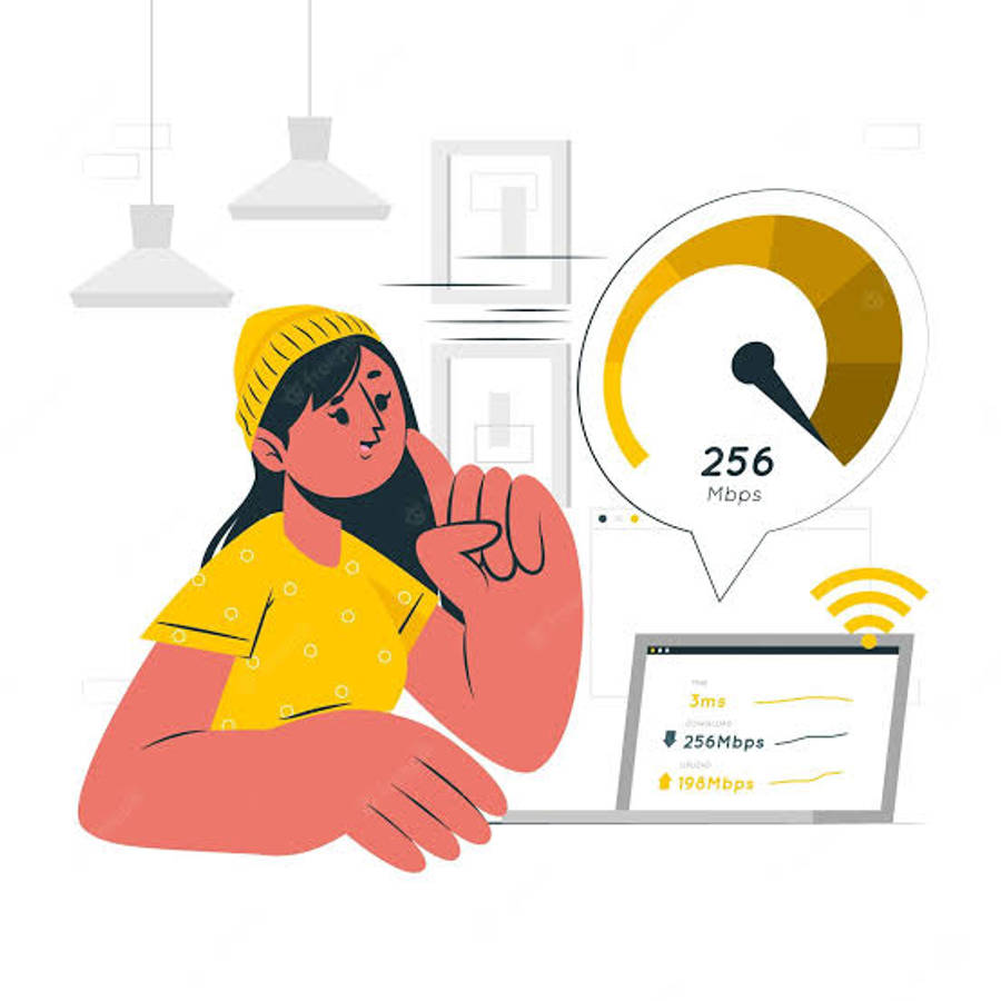 Speed 桌布 壁紙 — 一位戴著黃色毛帽的時尚女性，正指向一台顯示256 Mbps網際網路速度並帶有大型速度計圖形的筆記型電腦。