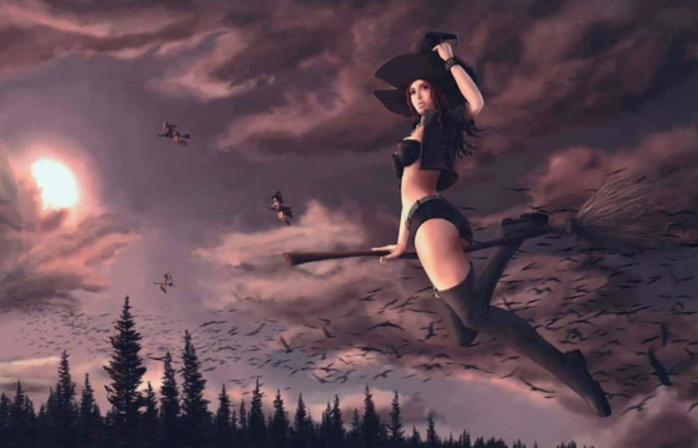 Witching Hour 桌布 壁紙 — 一位戴著黑色帽子、穿著黑色服裝的女巫騎著掃帚飛過佈滿蝙蝠和遠處飛行生物的風暴黃昏天空。