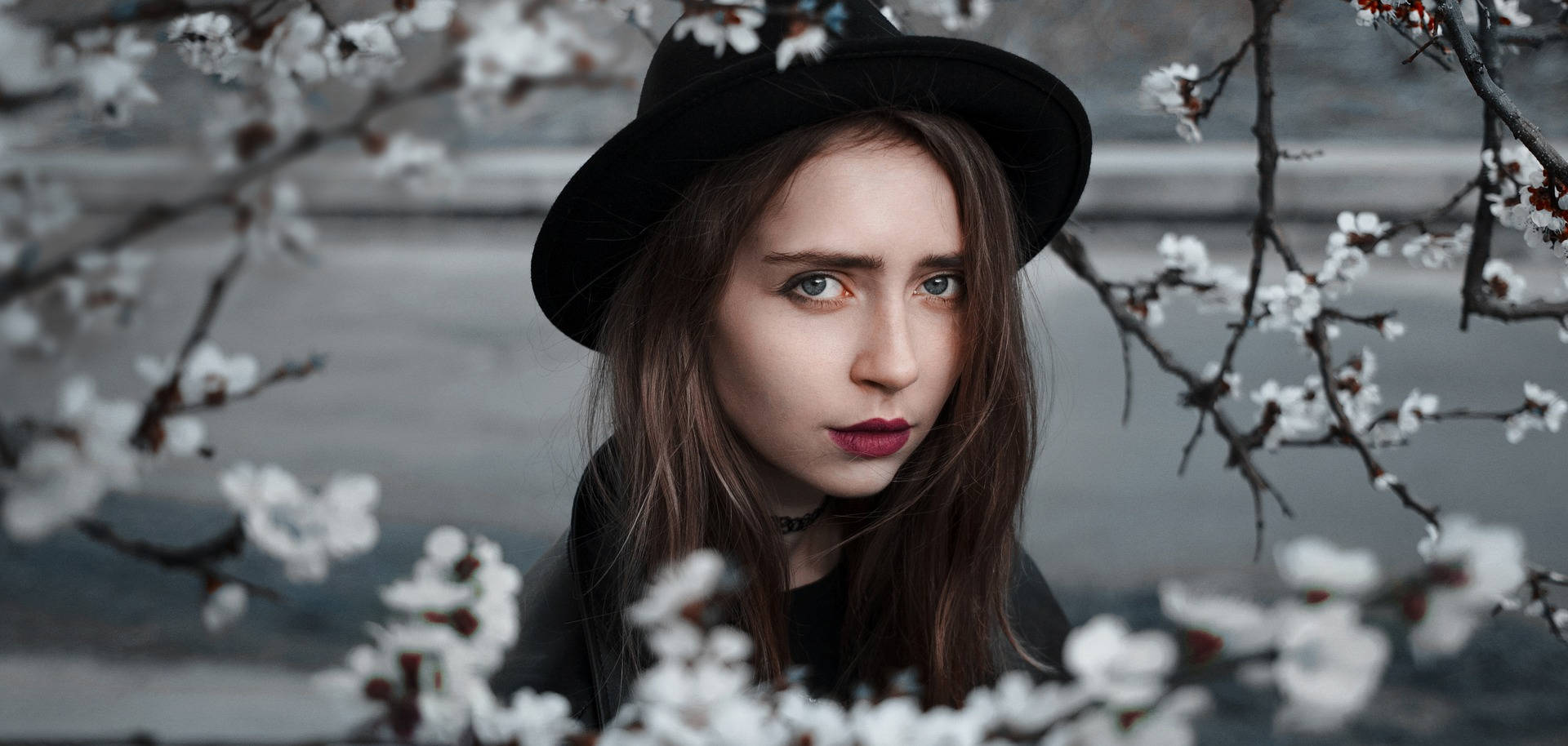 Most Beautiful Desktop 桌布 壁紙 — 一位戴著黑色帽子的年輕女性直視鏡頭，被精緻的白色櫻花環繞，背景是柔和的灰色。