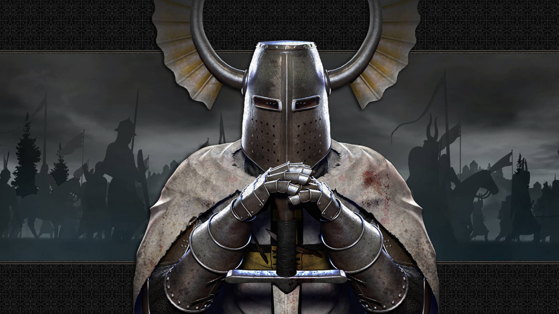 Total War 桌布 壁紙 — 一位戴角盔的騎士緊握劍柄，陰影騎兵在陰暗戰場背景中衝鋒。