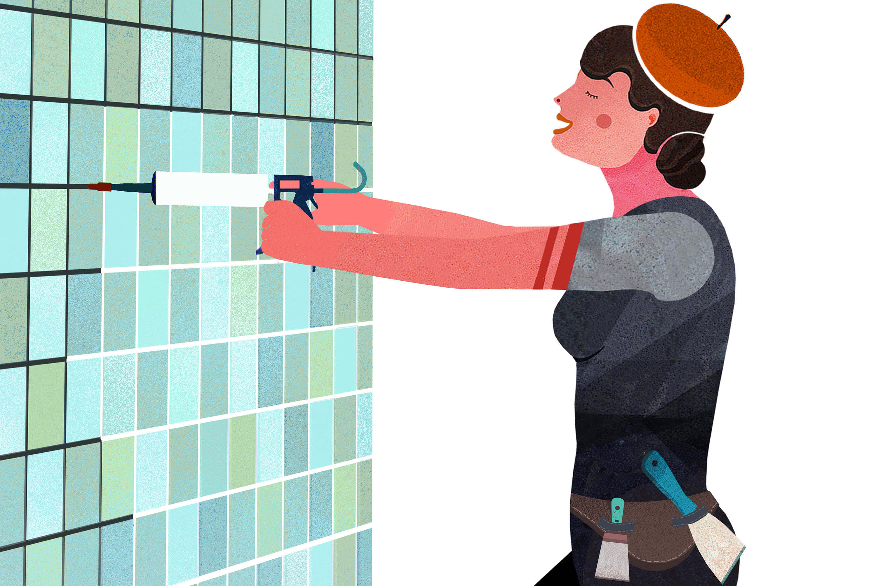 Tiles 桌布 壁紙 — 一位戴貝雷帽的女性在風格化插圖中專注地將密封劑塗在瓷磚牆上。