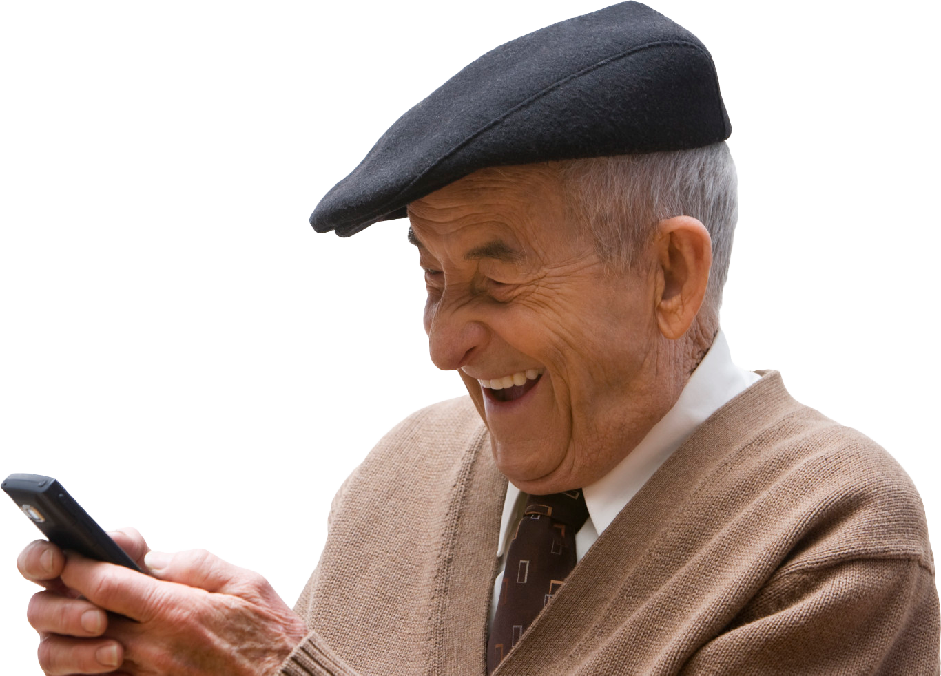 Laugh 桌布 壁紙 — 一位戴貝雷帽的長者手持智慧型手機，開懷大笑。