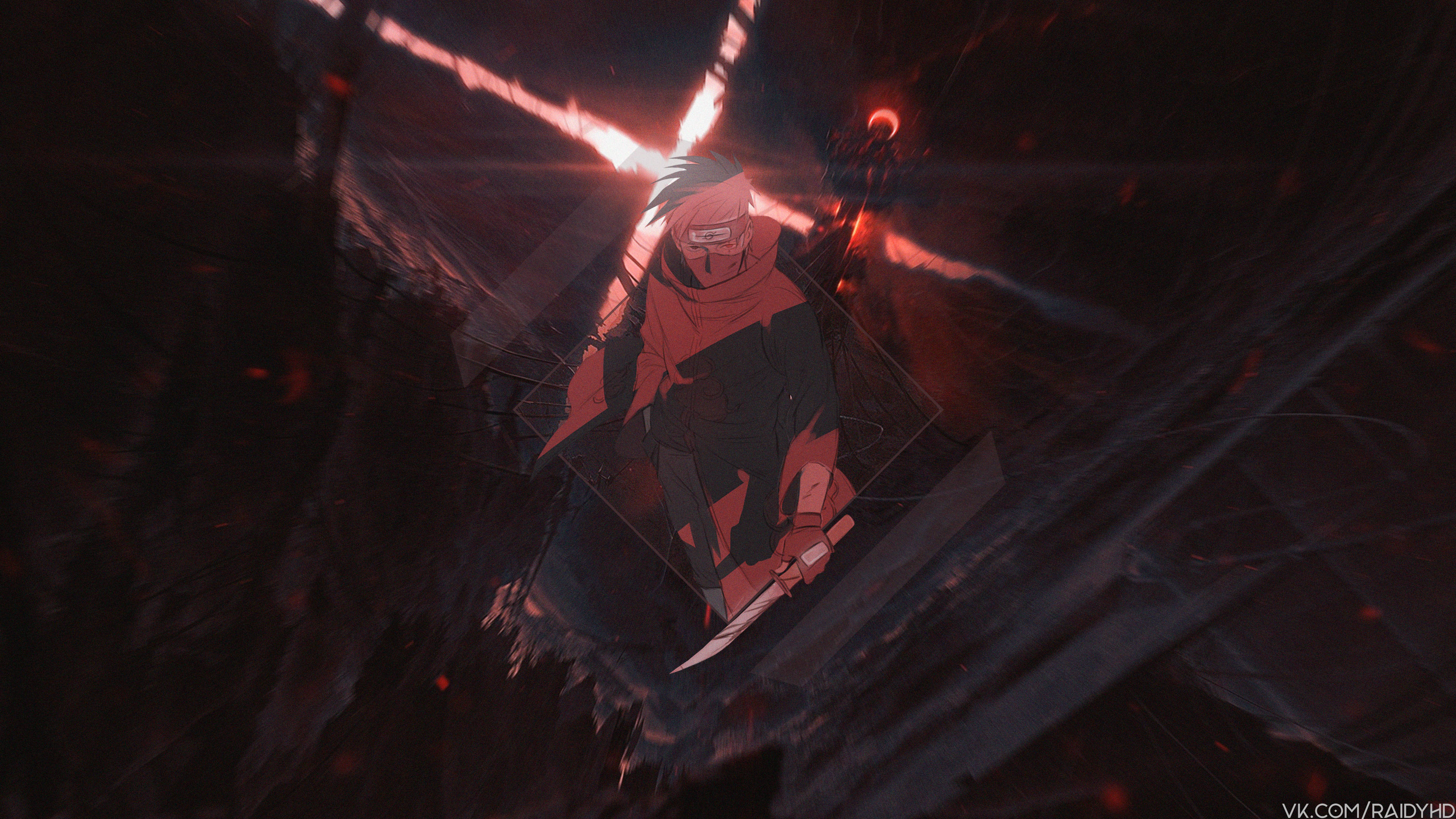 Hatake 桌布 壁紙 — 一位戴面具、身穿紅色斗篷的動漫戰士，在黑暗洞穴般的空間中，於熾熱的紅色能量光束中揮舞著劍。