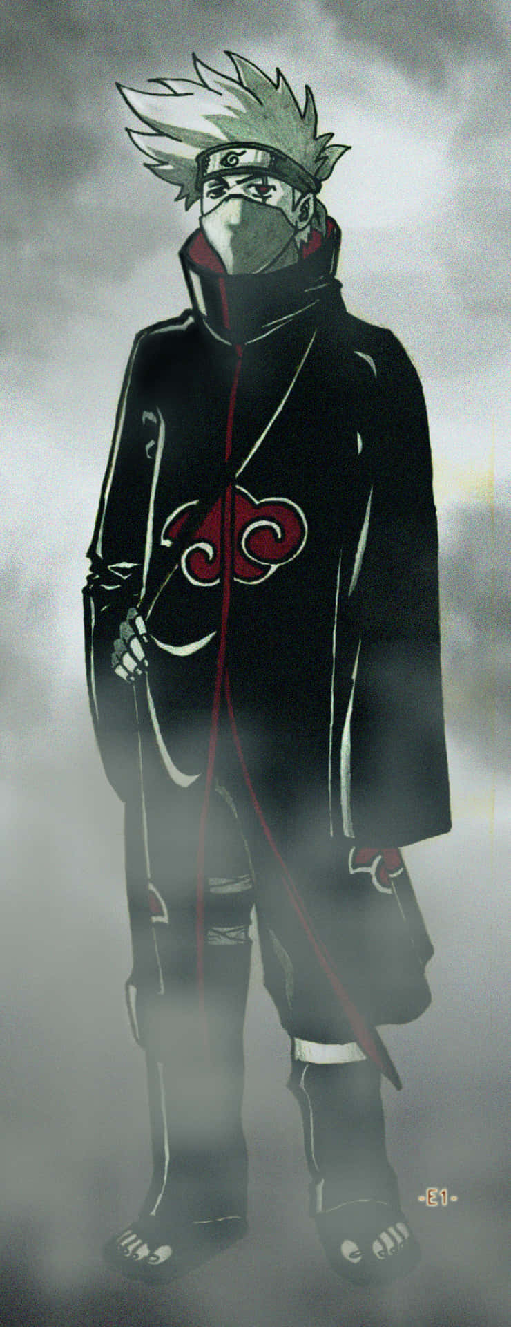Akatsuki Kakashi 桌布 壁紙 — 一位戴面具的動漫忍者，身穿帶有紅色雲朵標誌的黑色斗篷，莊嚴地站立在霧濛濛的灰色環境中。