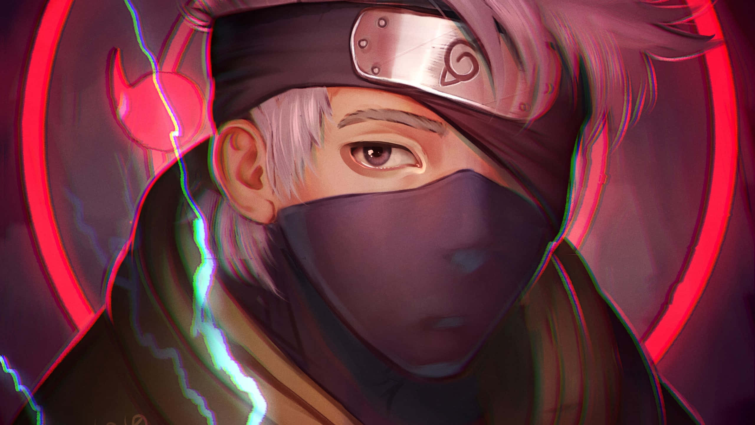 Naruto Anime 桌布 壁紙 — 一位戴面具的動漫忍者，銀色頭髮，散發著紅色查克拉光芒，在黑暗背景下凝視著。