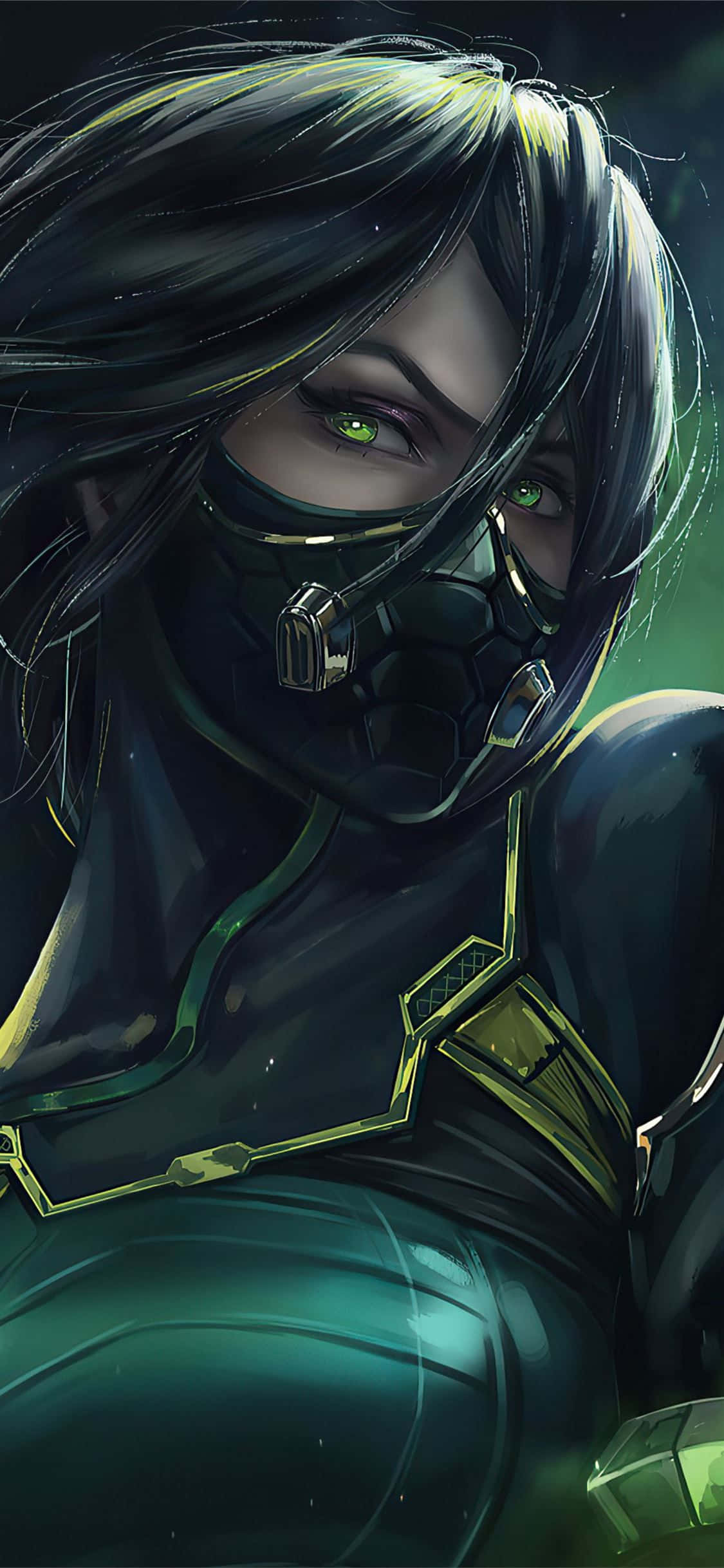 Game Art 桌布 壁紙 — 一位戴面具的動漫戰士，擁有發光的綠色眼睛和深色頭髮，被霓虹綠色高光點亮。