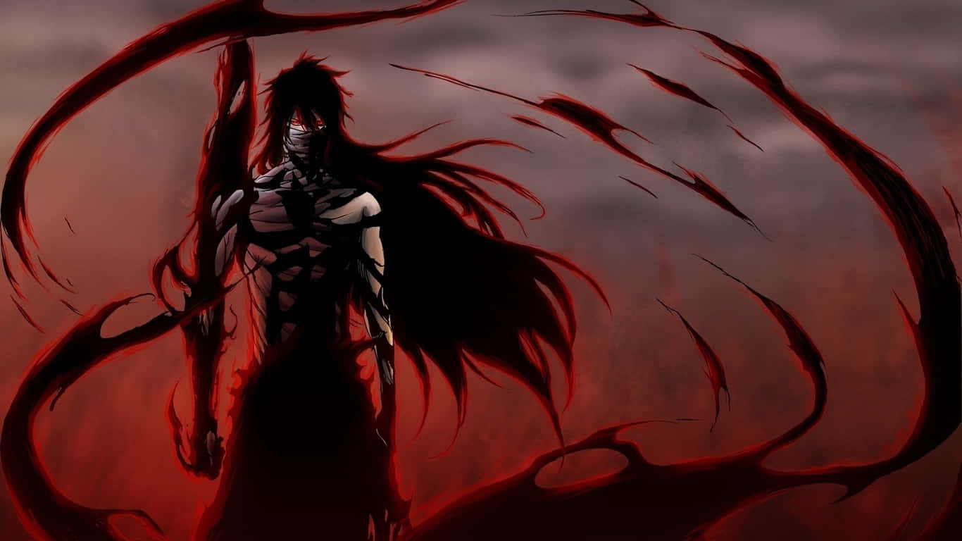Red And Black Anime 桌布 壁紙 — 一位戴面具的動漫戰士，紅髮和黑暗能量觸手，站在血紅色的暴風雨天空前。
