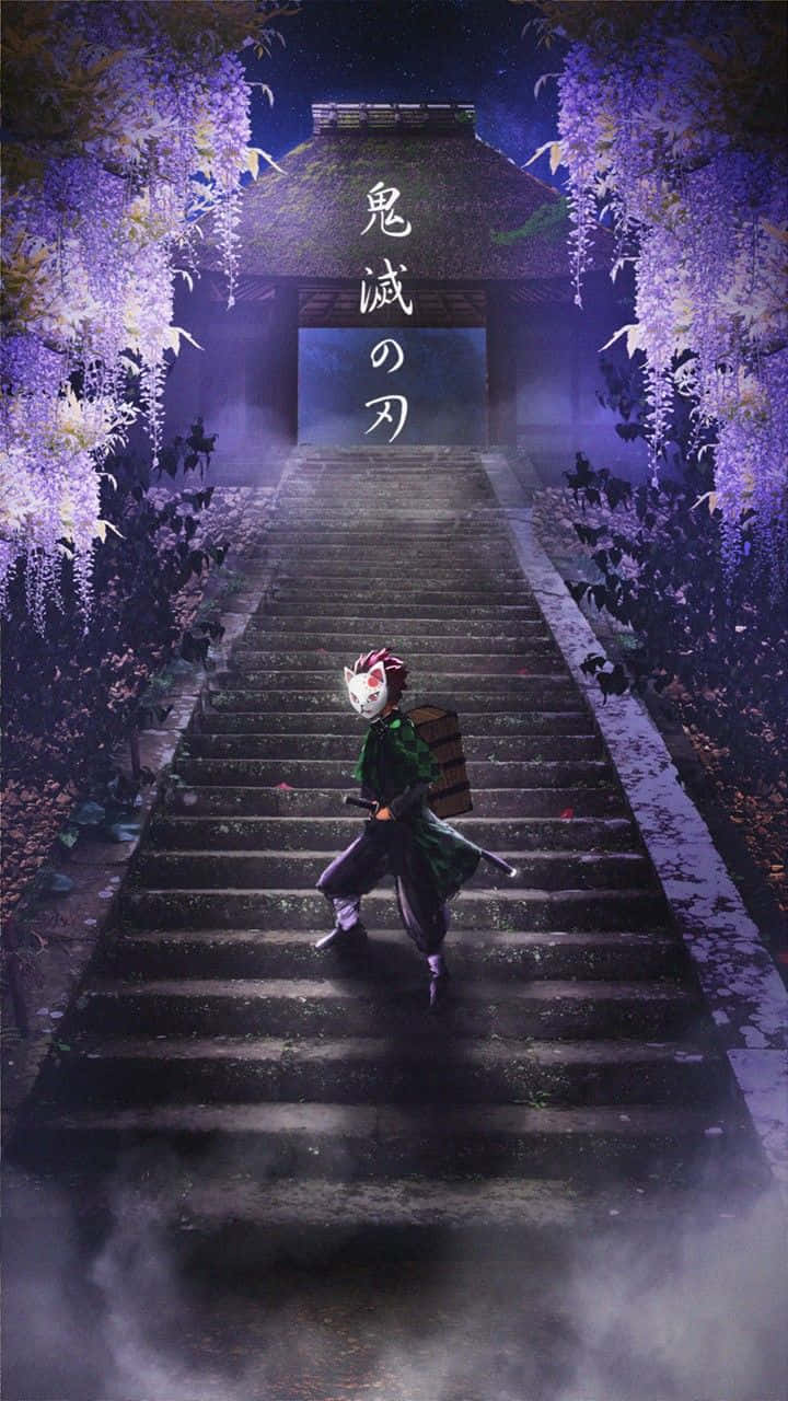 桌布 壁紙 — 一位戴面具的動漫戰士在星空下，沿著被發光紫色紫藤環繞的霧氣石階向上攀登。