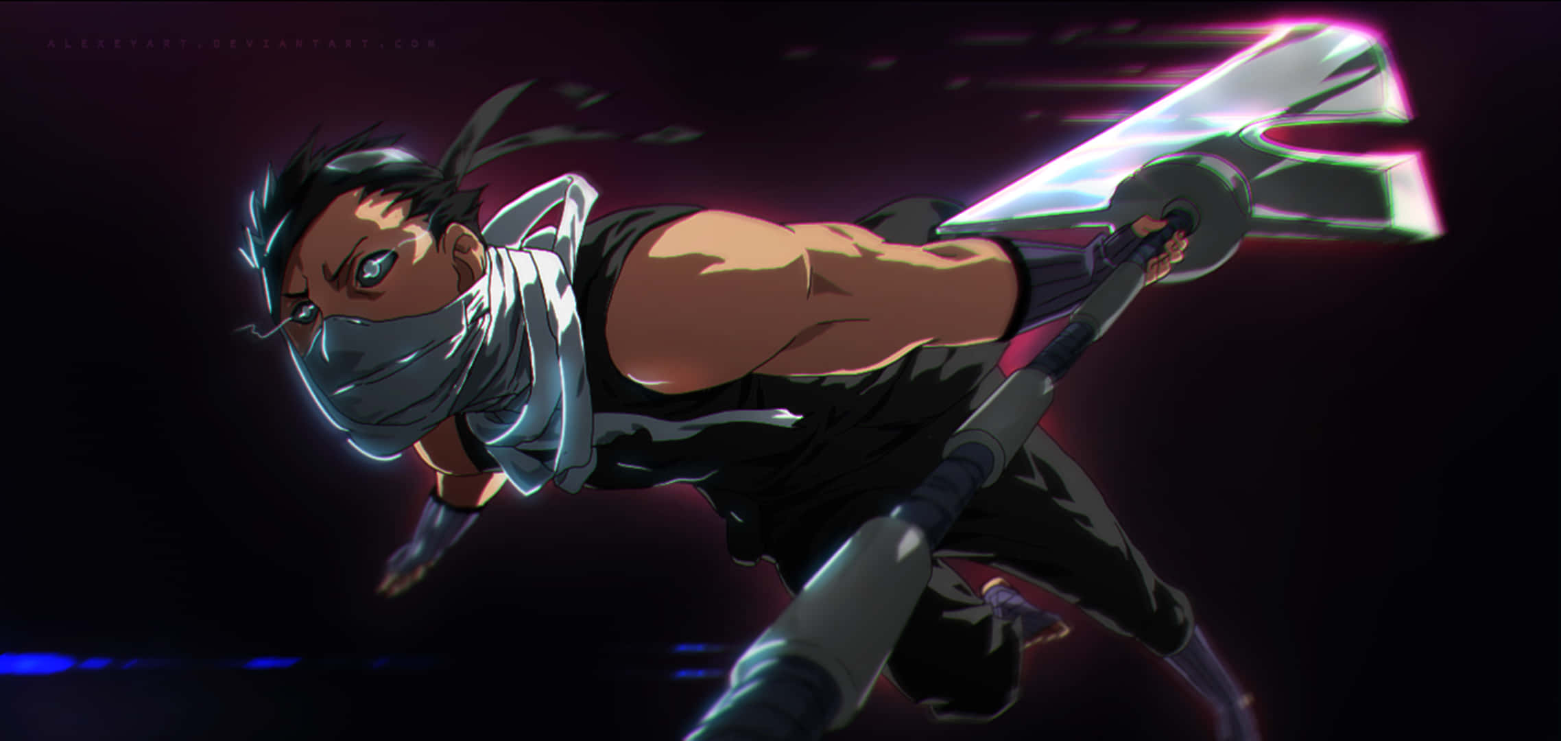 Zabuza Momochi 桌布 壁紙 — 一位戴面具的動漫戰士在深紫色背景帶有霓虹條紋的場景中，揮舞發光劍向前斬擊。