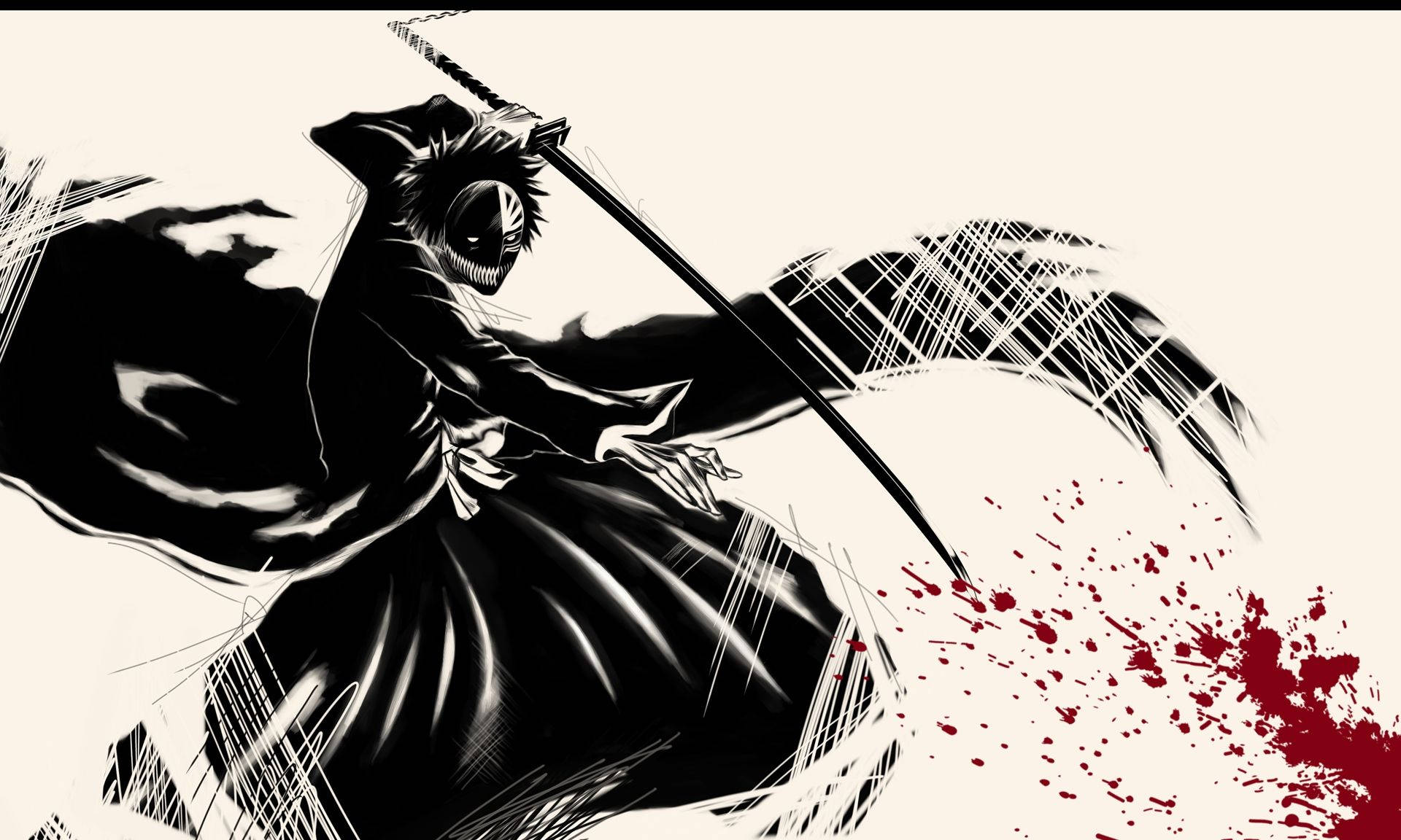 黑色長袍的動漫戰士揮劍，血跡飛濺。 — 死神 GIF 壁紙