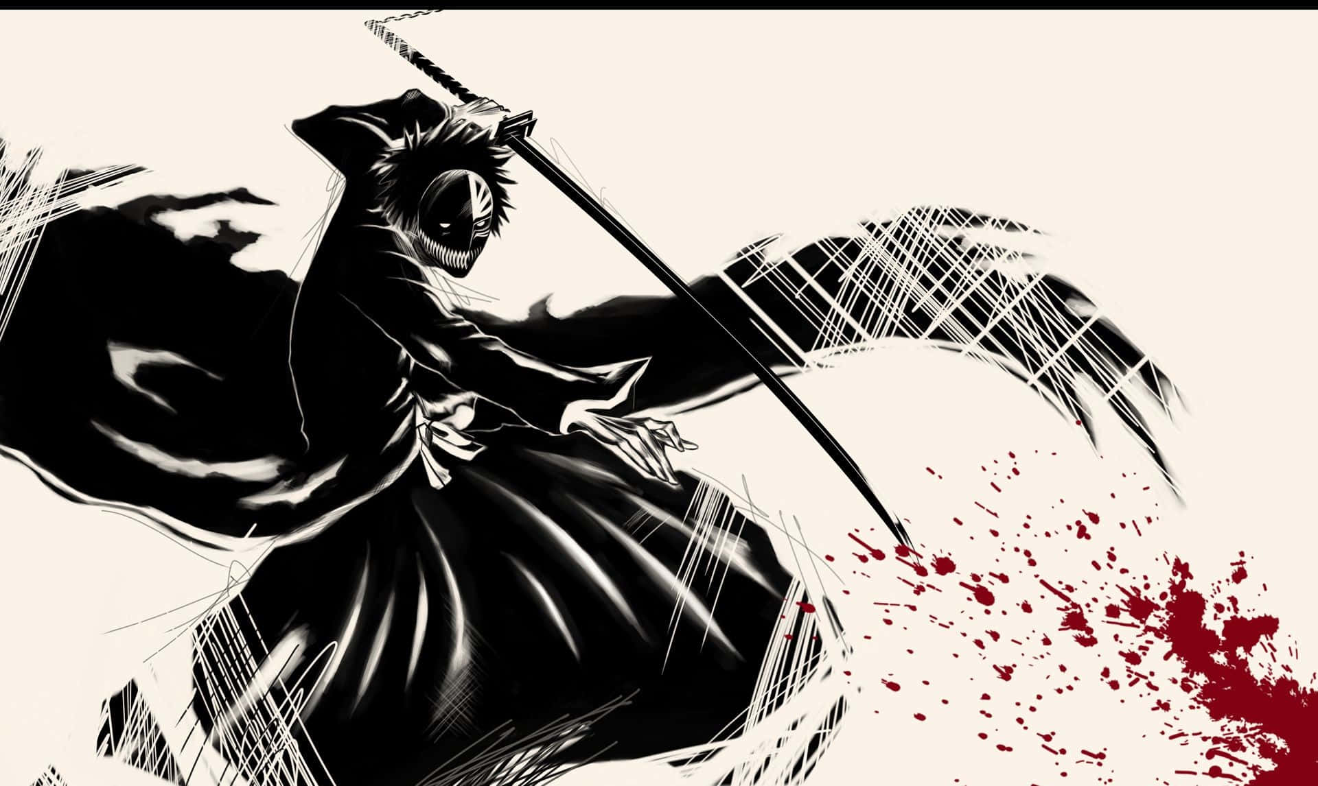 死神 桌布 壁紙 — 一位戴面具的動漫戰士身穿黑色長袍，揮劍斬擊，在米色背景上濺起紅色血跡。