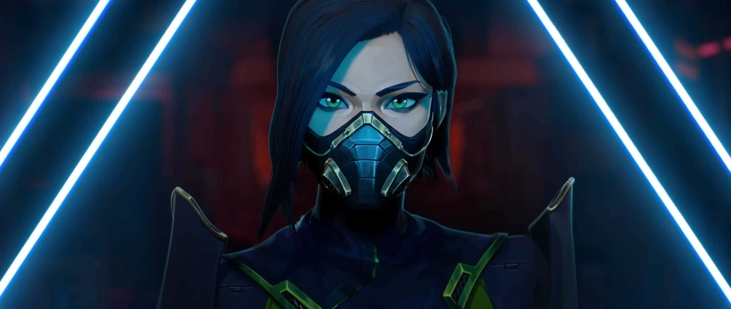 Game Trailers 桌布 壁紙 — 一位戴面具的女性戰士，擁有發光的綠色眼睛，在黑暗的未來場景中被明亮的藍色霓虹燈光框住。