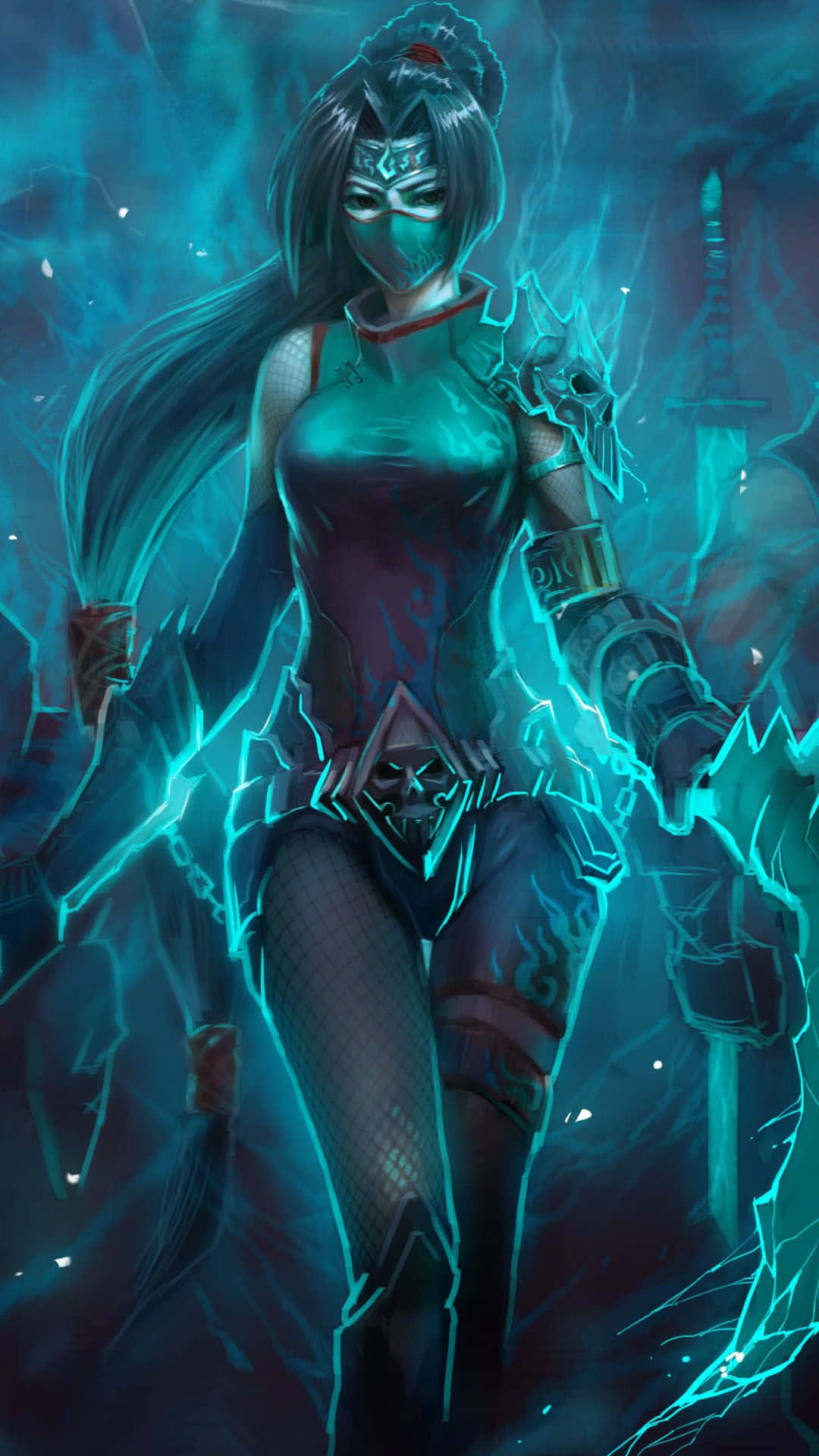 League Of Legends Phone 桌布 壁紙 — 一位戴面具的女性戰士穿著發光的青綠色盔甲，在黑暗神秘的環境中蓄勢待發，周圍能量劈啪作響。