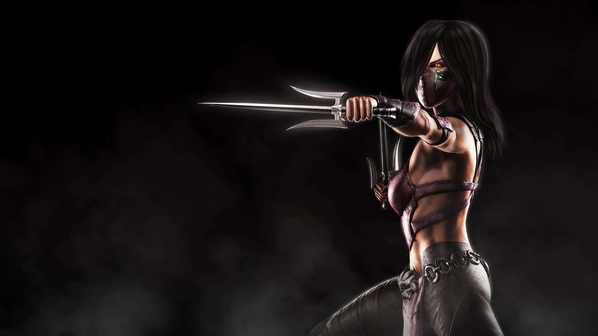 Mortal Kombat X 桌布 壁紙 — 一位戴面具的女戰士身穿暗色盔甲，在煙霧繚繞的黑色背景中揮舞著發光的三刃武器。