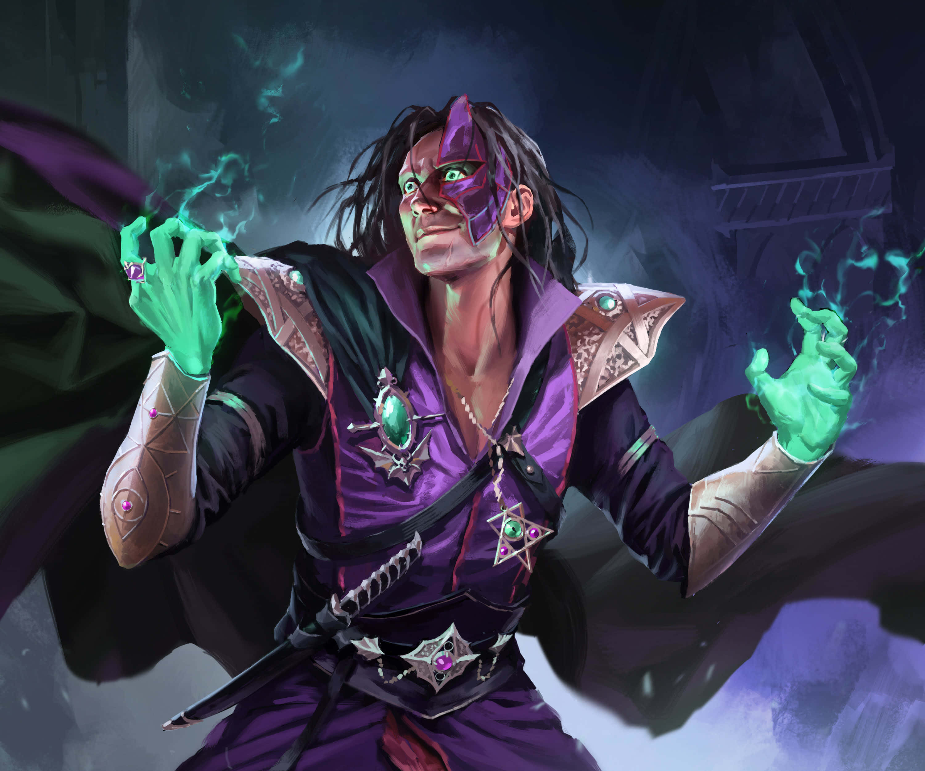 Sorcerer 桌布 壁紙 — 一位戴面具的巫師身穿紫色長袍，在黑暗神秘的環境中雙手引導發光的綠色魔法。
