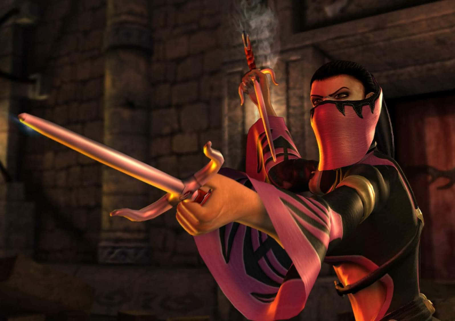 Mortal Kombat Mileena 桌布 壁紙 — 一位戴面具的忍者戰士，身穿粉紅和黑色盔甲，在夜晚的石堡中揮舞著發光的劍。