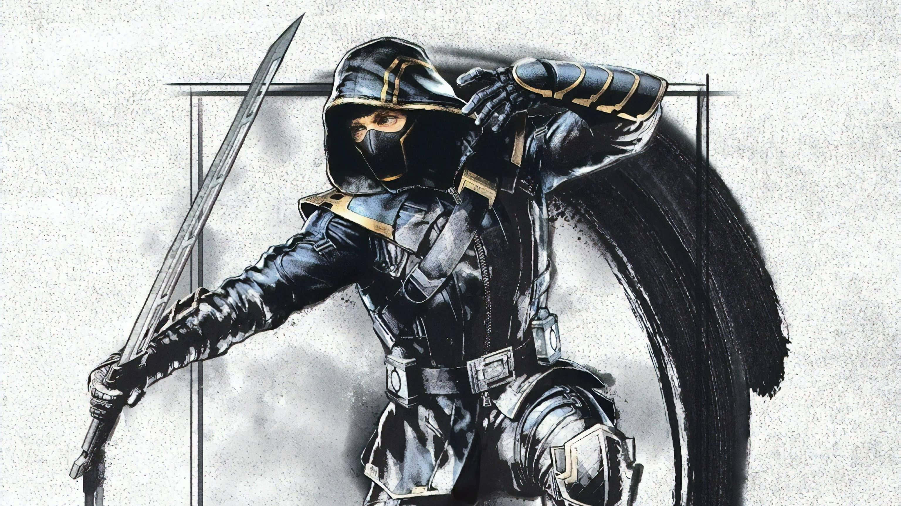 Ronin 桌布 壁紙 — 一位戴面具的忍者戰士，身穿黑色和金色盔甲，在紋理灰色背景上以動態姿勢揮舞著劍。