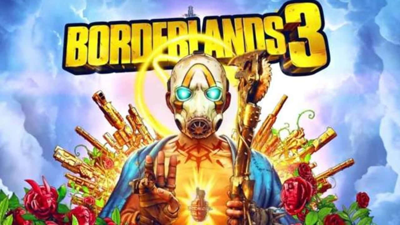 720p Borderlands 3 桌布 壁紙 — 一位戴面具的戰士，擁有發光的眼睛和金色武器，在佈滿紅玫瑰的多雲天空下散發力量。