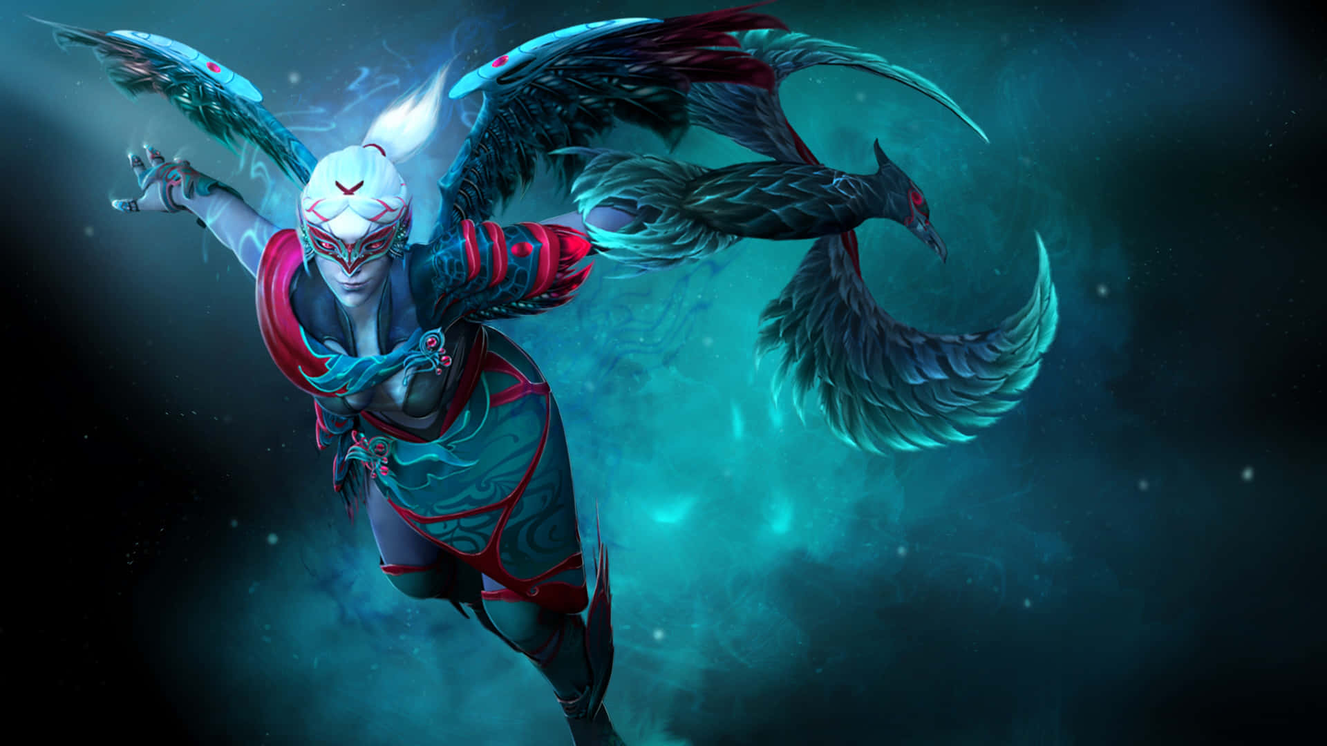Phantom Assassin 桌布 壁紙 — 一位戴面具的戰士，擁有發光的翅膀和龍同伴，在神秘的藍綠色星雲中翱翔。