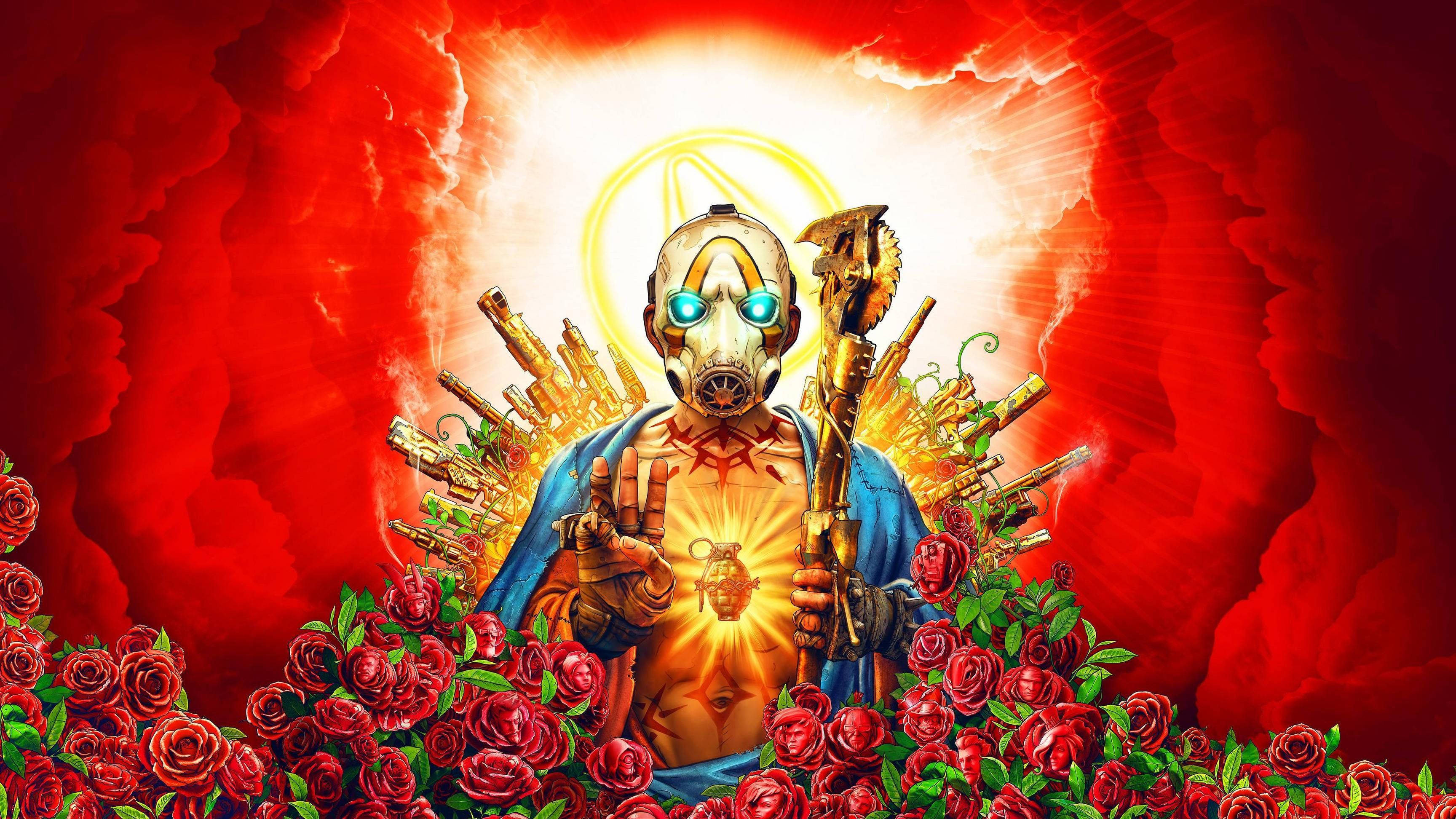 Borderlands 桌布 壁紙 — 一位戴面具的戰士，眼睛發光，手持金色武器，站在紅玫瑰中，背景是耀眼的紅色和金色。