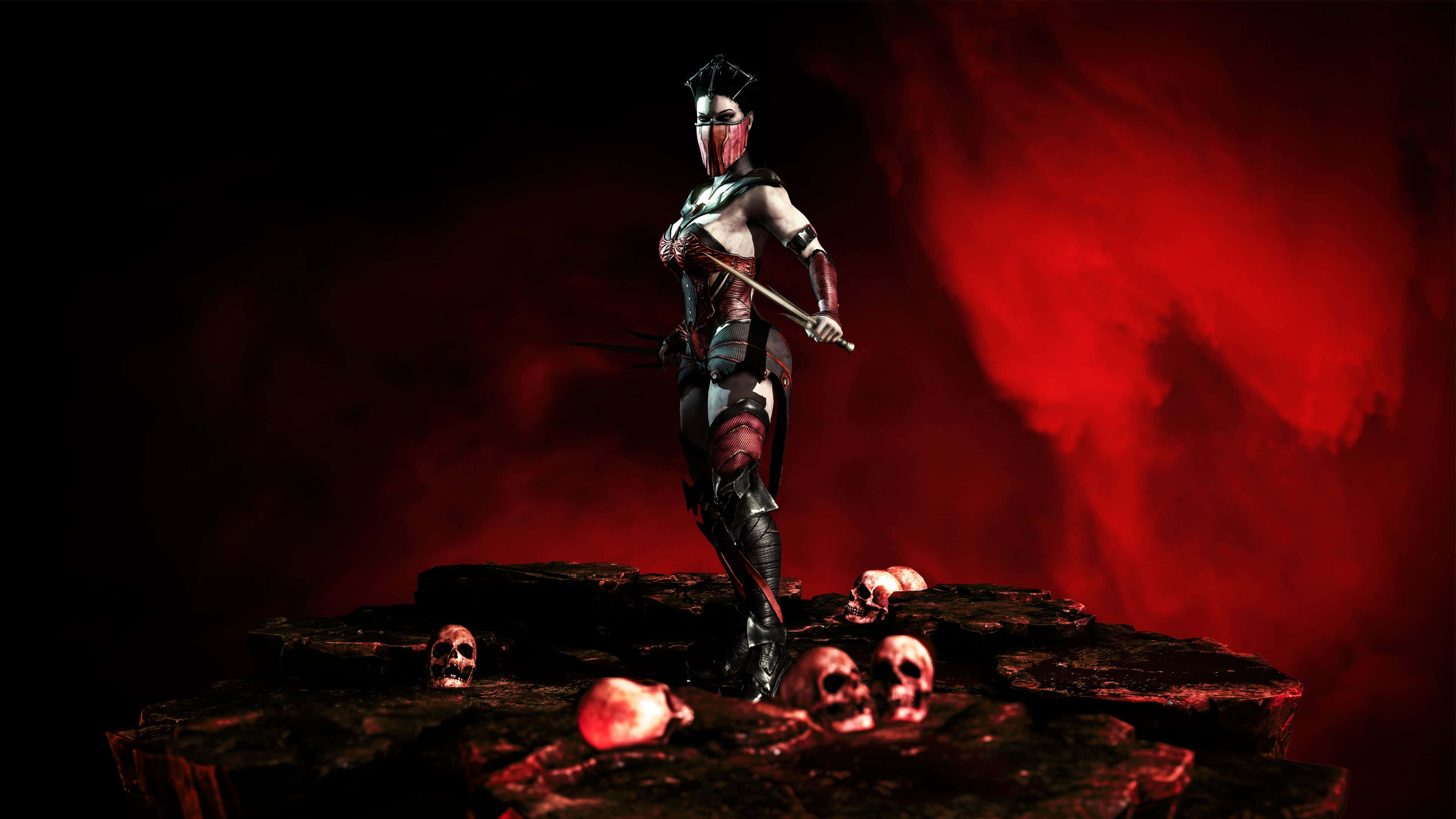 Mortal Kombat Mileena 桌布 壁紙 — 一位戴面具的戰士，身穿紅黑盔甲，手持劍，站在骷髏之上，背景是旋轉的深紅色。