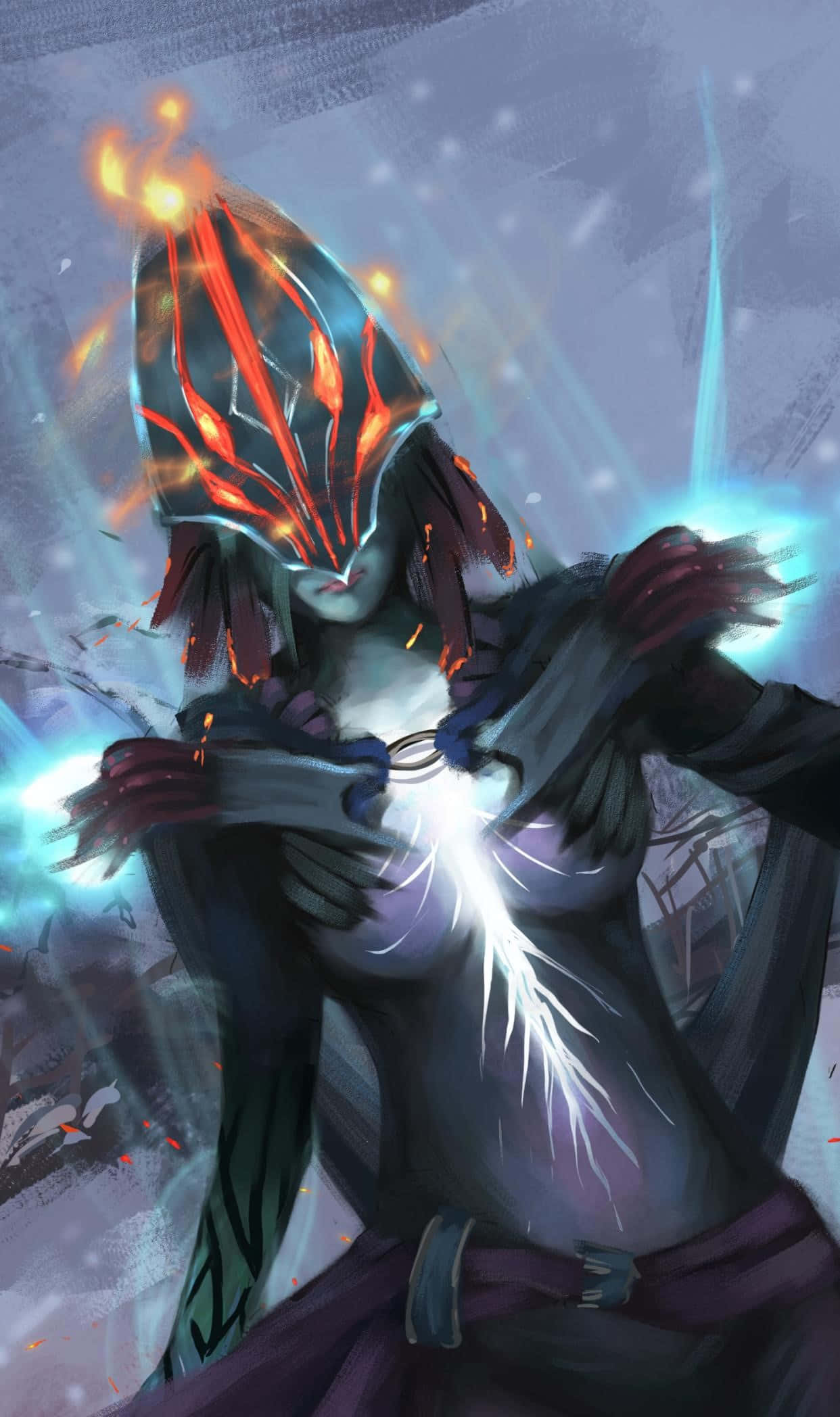 Phantom Assassin 桌布 壁紙 — 一位戴面具的戰士，頭盔和胸口散發出紅藍發光的能量，呈現動態數位藝術姿勢。