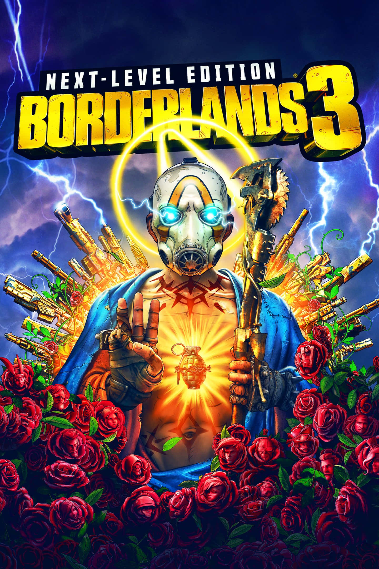 Pixel 3xl Borderlands 3 桌布 壁紙 — 一位戴面具的戰士在暴風雨的天空下散發出金色光芒，周圍環繞著紅玫瑰和武器。