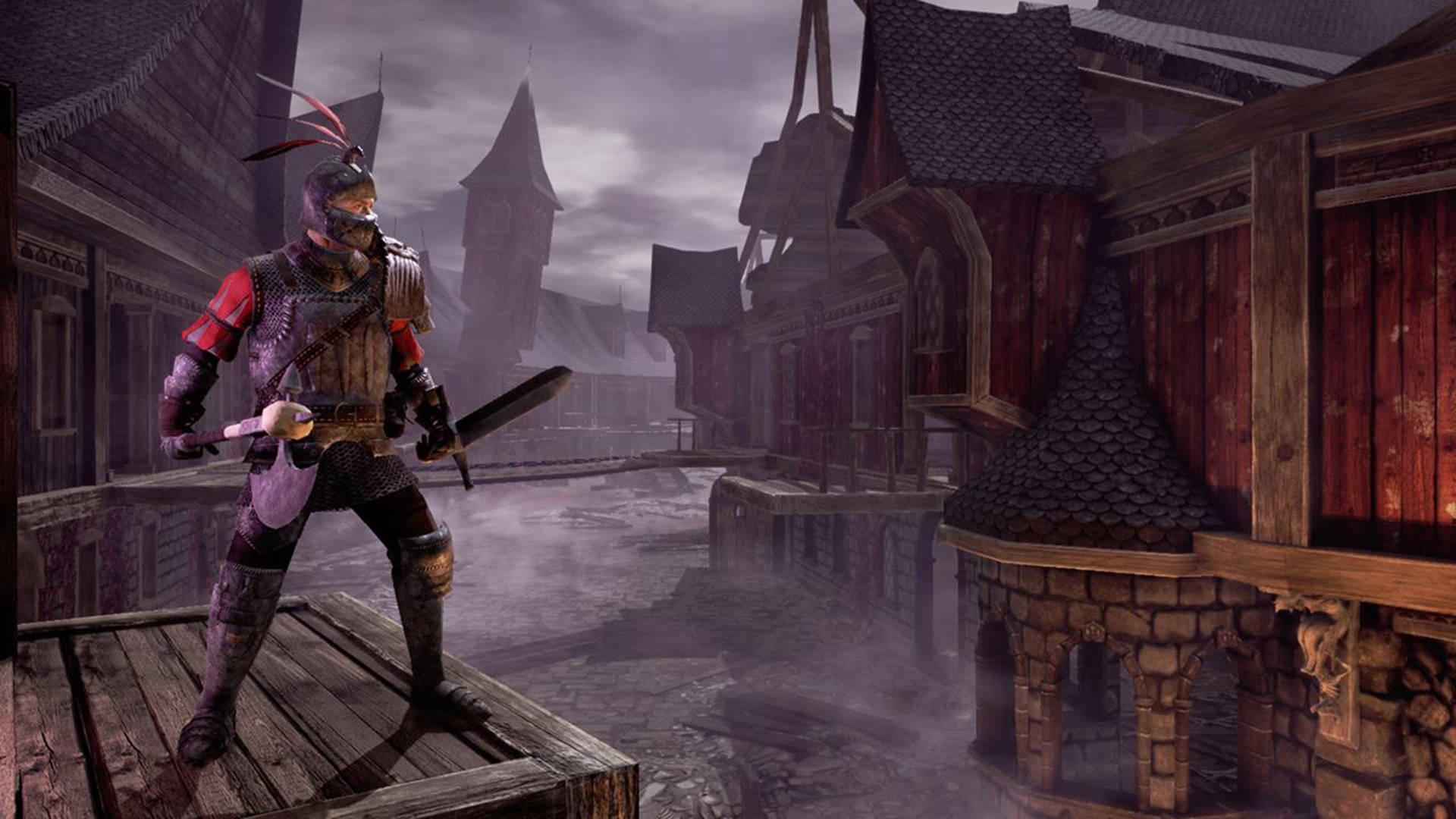 mordheim city of the damned 桌布 壁紙 — 一位戴面具的戰士身穿暗色盔甲，站在霧氣瀰漫的中世紀村莊的木製平台上，石頭和木造建築在陰沉天空下若隱若現。
