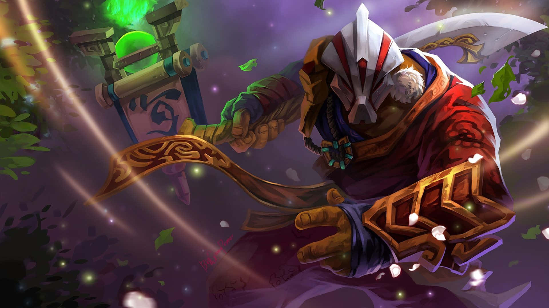 Best Dota 2 桌布 壁紙 — 一位戴面具的戰士身穿紅金鎧甲，在飄浮的樹葉和魔法能量中揮舞發光法杖。