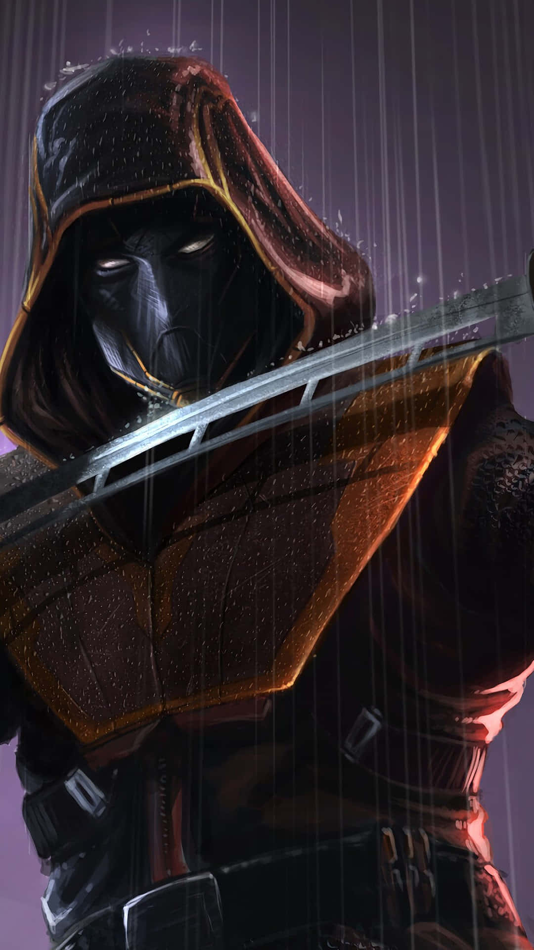 Ronin 桌布 壁紙 — 一位戴面具的戰士身穿連帽斗篷，在暴雨中緊握劍柄，雙眼發光，燈光效果戲劇化。