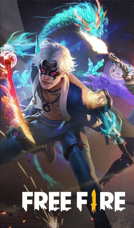 game 桌布 壁紙 — 一位戴面具的白髮動漫戰士揮舞著火焰刀刃，身後一條發光的藍色巨龍盤繞，構成動態戰鬥場景。