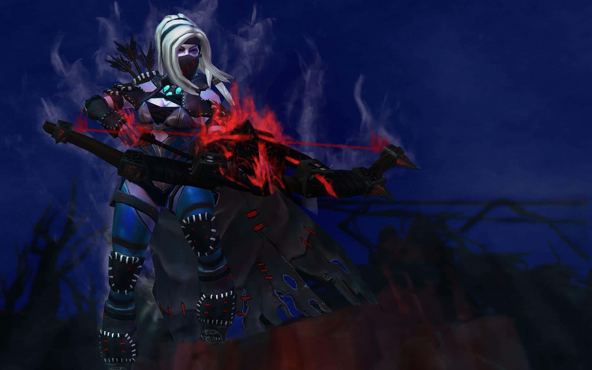 Drow Ranger 桌布 壁紙 — 一位戴面具的白髮戰士在深藍色夜空和詭異煙霧中揮舞著火焰弓。