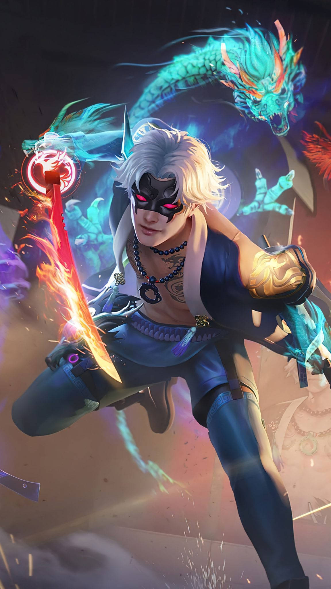 character 桌布 壁紙 — 一位戴面具的白髮戰士揮舞著火焰劍，身後一條發光的藍色巨龍盤繞，構成動態的奇幻戰鬥場景。
