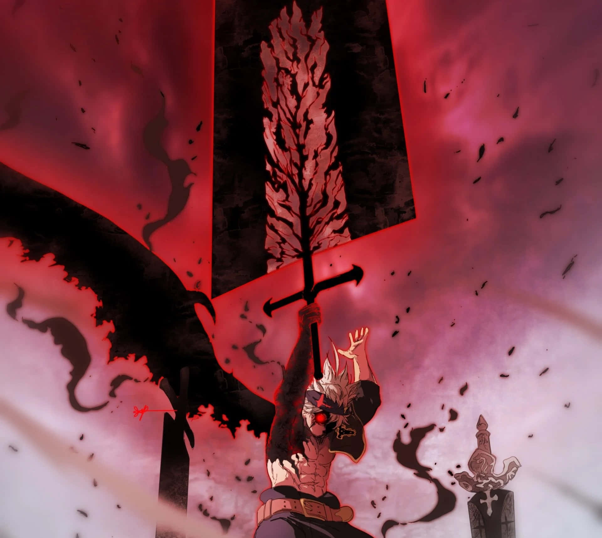 Asta Black Clover 4K 桌布 壁紙 — 一位戴面具的白髮紅眼動漫戰士，舉起一把巨大的火焰劍，對抗旋轉的紅黑天空。